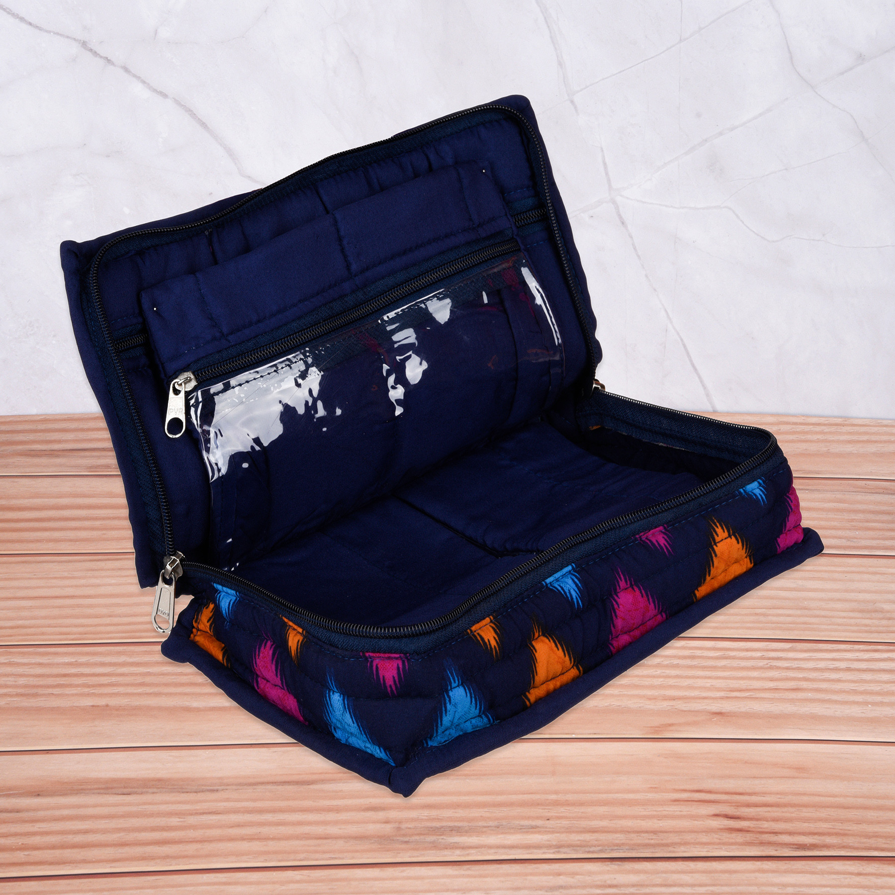 Kuber Industries Jewellery Kit  Cotton Jewellery Storage Kit  Zig Zag Print Jewellery Kit  Cosmetic Kit with 6 Flappable Pouches  Travel Kit for Necklace  Bracelet  Blue