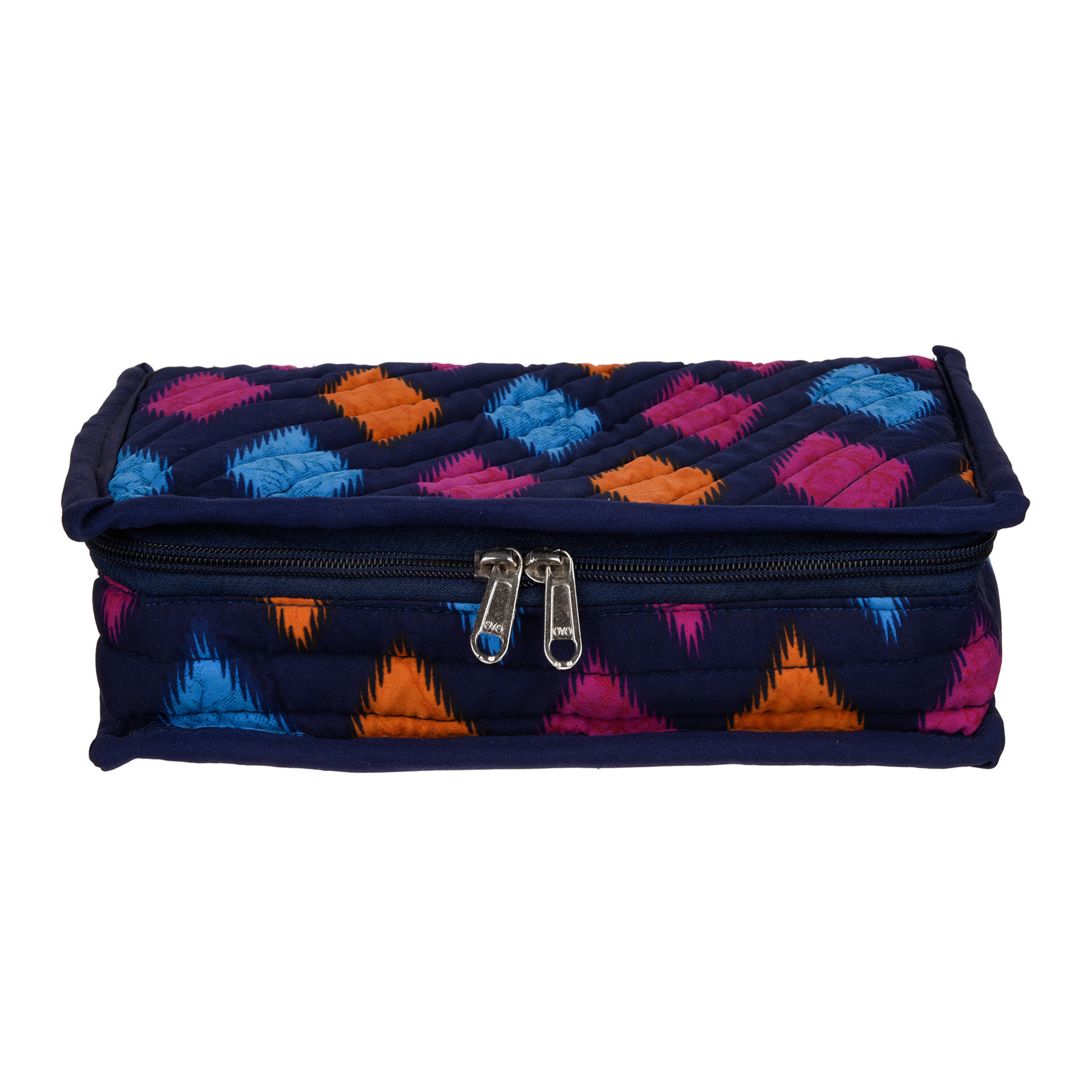 Kuber Industries Jewellery Kit  Cotton Jewellery Storage Kit  Zig Zag Print Jewellery Kit  Cosmetic Kit with 6 Flappable Pouches  Travel Kit for Necklace  Bracelet  Blue