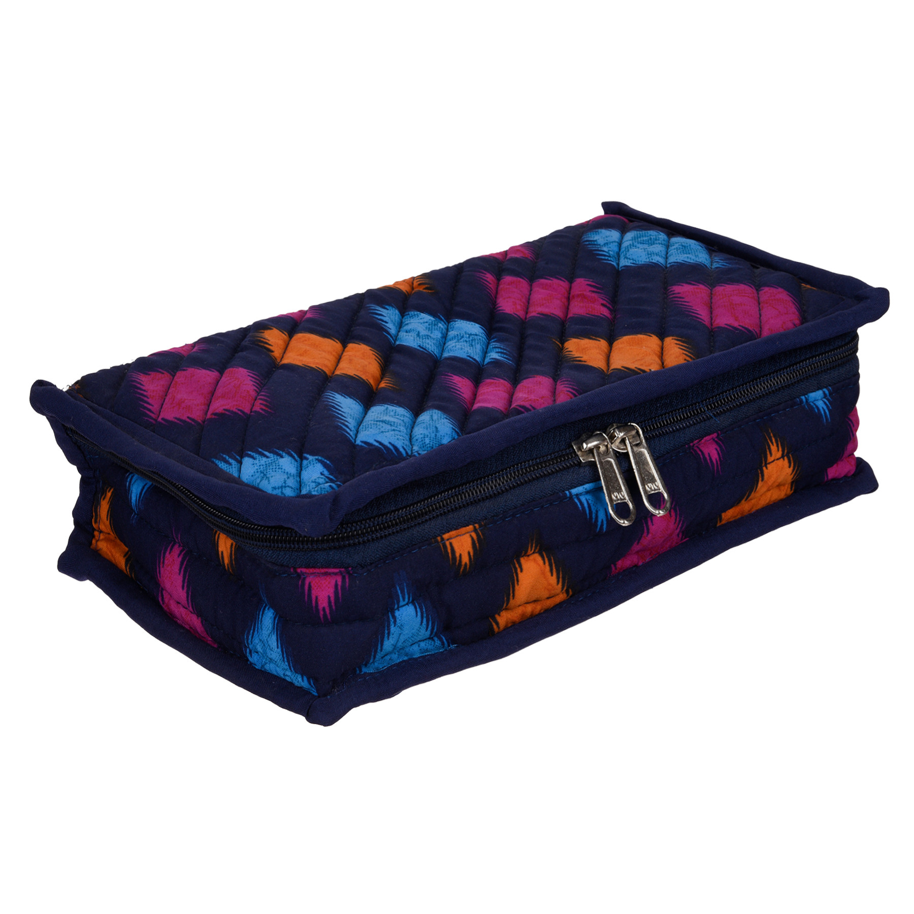 Kuber Industries Jewellery Kit | Cotton Jewellery Storage Kit | Zig Zag Print Jewellery Kit | Cosmetic Kit with 6 Flappable Pouches | Travel Kit for Necklace | Bracelet | Blue