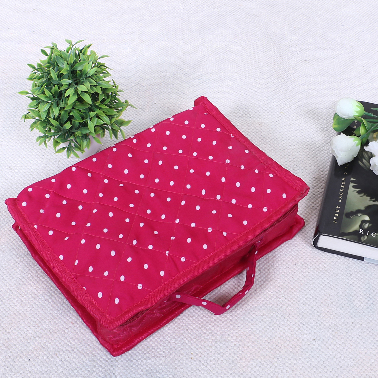 Kuber Industries Jewellery Kit | Cotton Pink Dot Print Travel Organizer with Handle | 5 Pouch Storage Kit with Bangle Rod | Cosmetic  Kit for Necklace | Rings | Bracelet | Pink