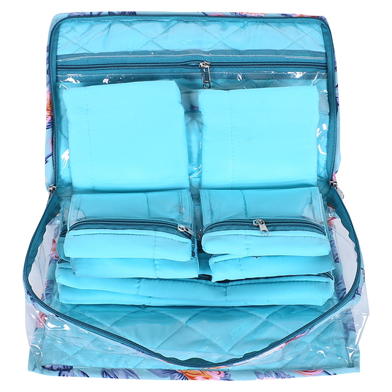 Kuber Industries Jewellery Kit | PVC Coated Green Flower Frill Jewellery Box | Travel 13 Transparent Storage Pouch | Travel Kit for Necklace | Rings | Bracelet | Green