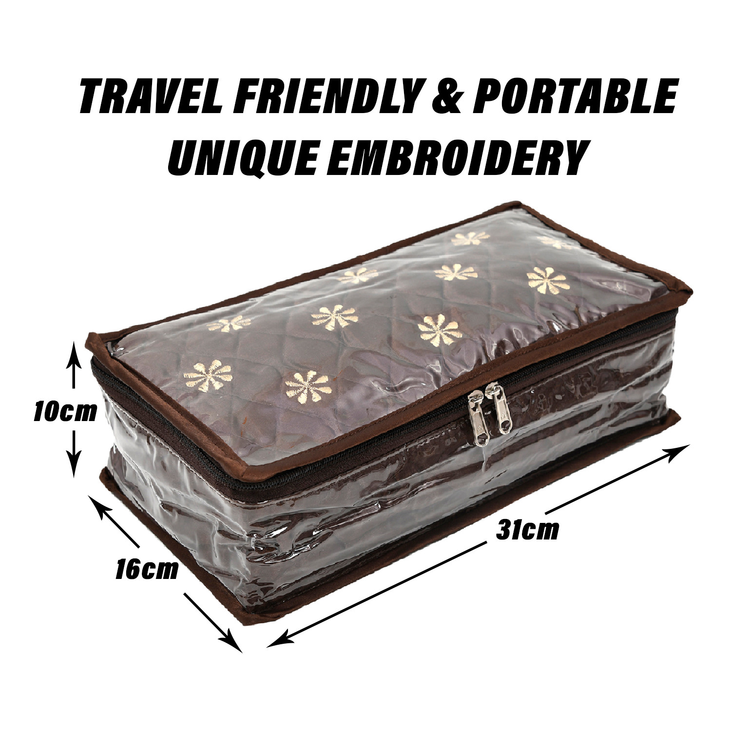 Kuber Industries Jewellery Kit | Satin Flower Embroidery Locker Kit | 3+3+1 Detachable Pouch Cosmetic Kit | Makeup Storage Kit for Watches | Bracelets | Earring | Brown