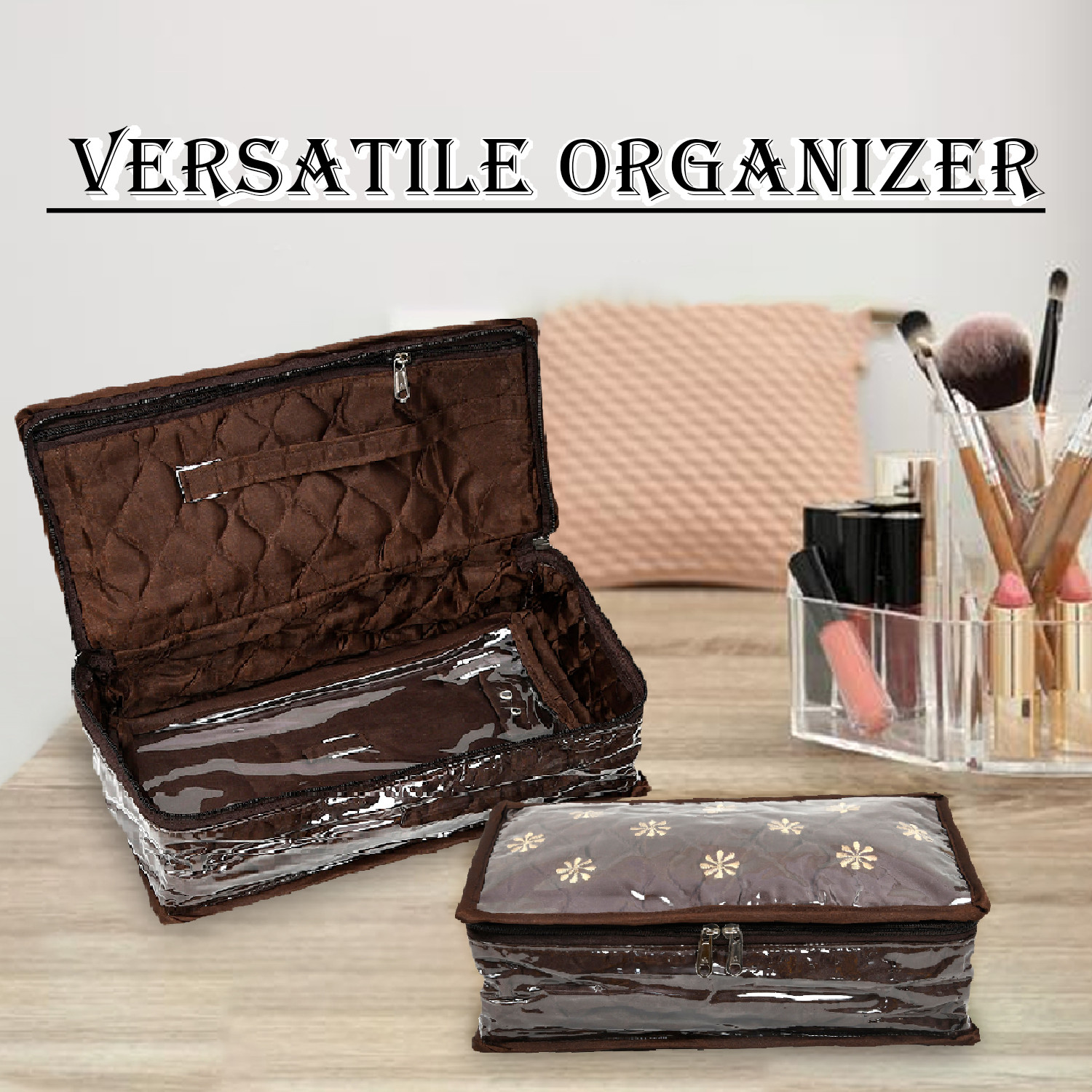 Kuber Industries Jewellery Kit | Satin Flower Embroidery Locker Kit | 3+3+1 Detachable Pouch Cosmetic Kit | Makeup Storage Kit for Watches | Bracelets | Earring | Brown