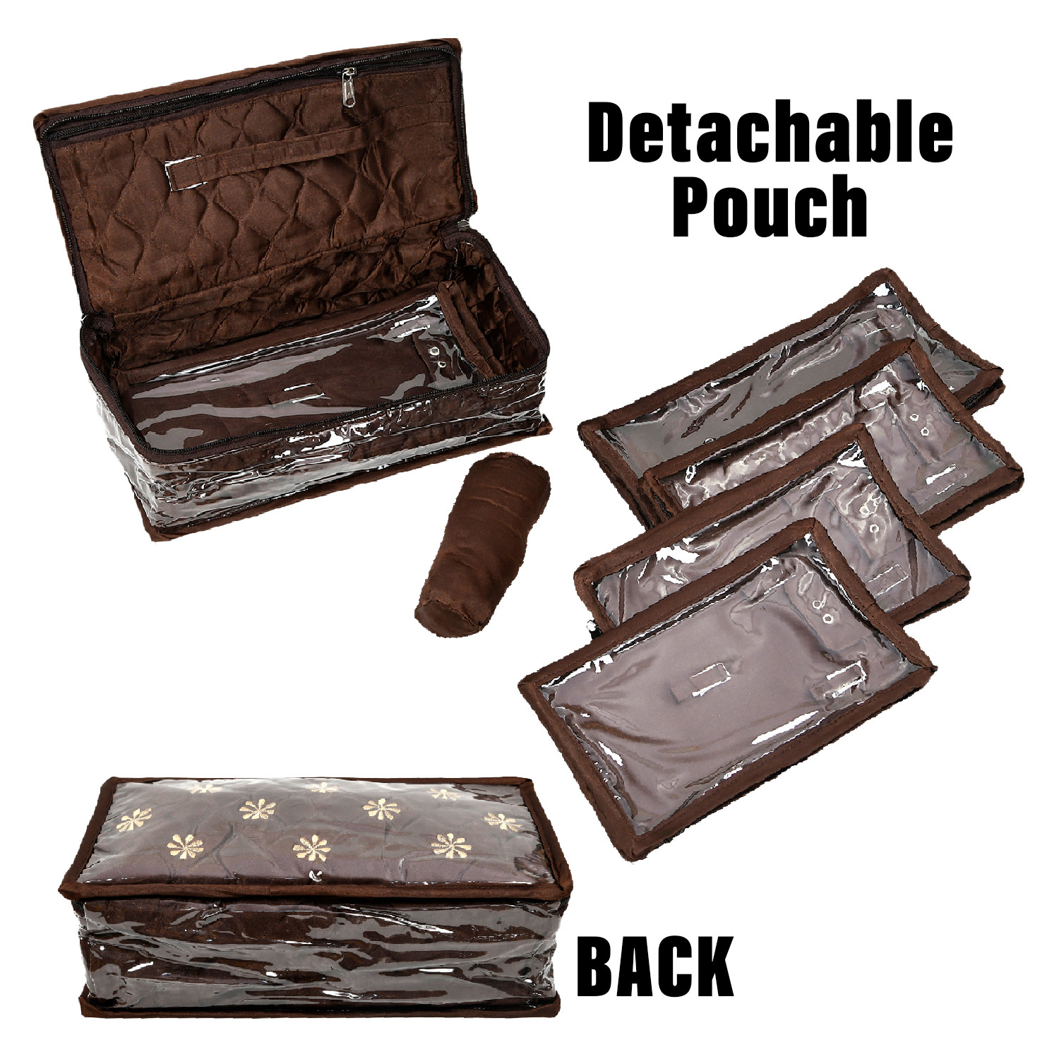 Kuber Industries Jewellery Kit | Satin Flower Embroidery Locker Kit | 3+3+1 Detachable Pouch Cosmetic Kit | Makeup Storage Kit for Watches | Bracelets | Earring | Brown