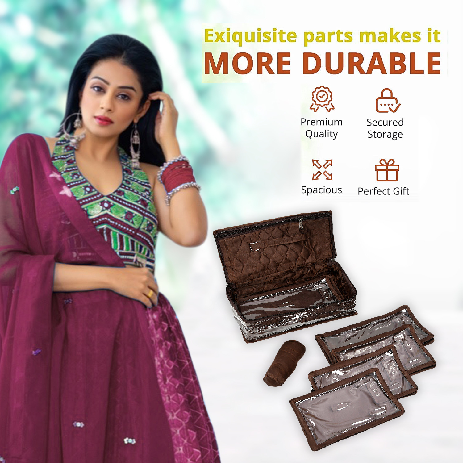Kuber Industries Jewellery Kit | Satin Flower Embroidery Locker Kit | 3+3+1 Detachable Pouch Cosmetic Kit | Makeup Storage Kit for Watches | Bracelets | Earring | Brown