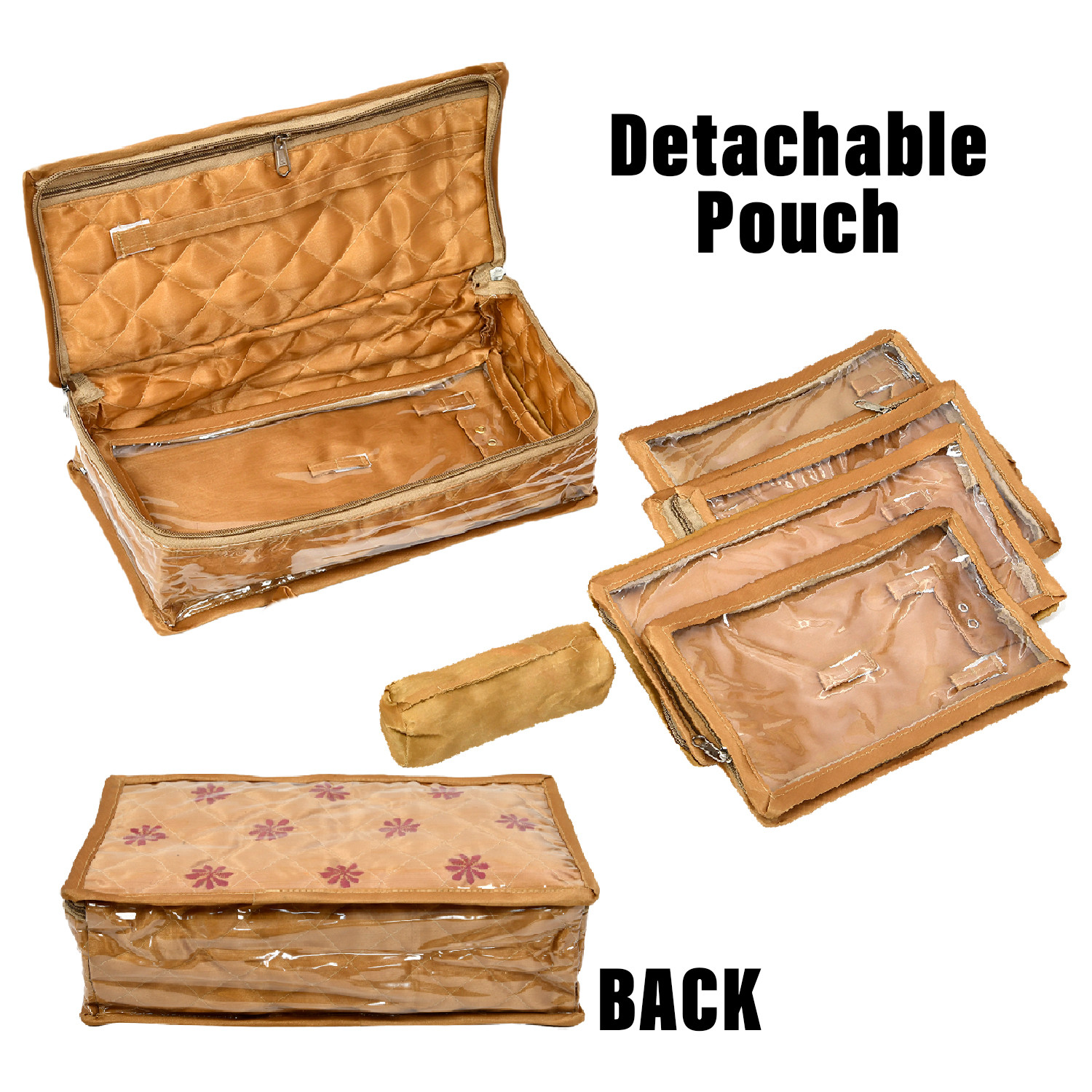 Kuber Industries Jewellery Kit | Satin Flower Embroidery Locker Kit | 3+3+1 Detachable Pouch Cosmetic Kit | Makeup Storage Kit for Watches | Bracelets | Earring | Golden