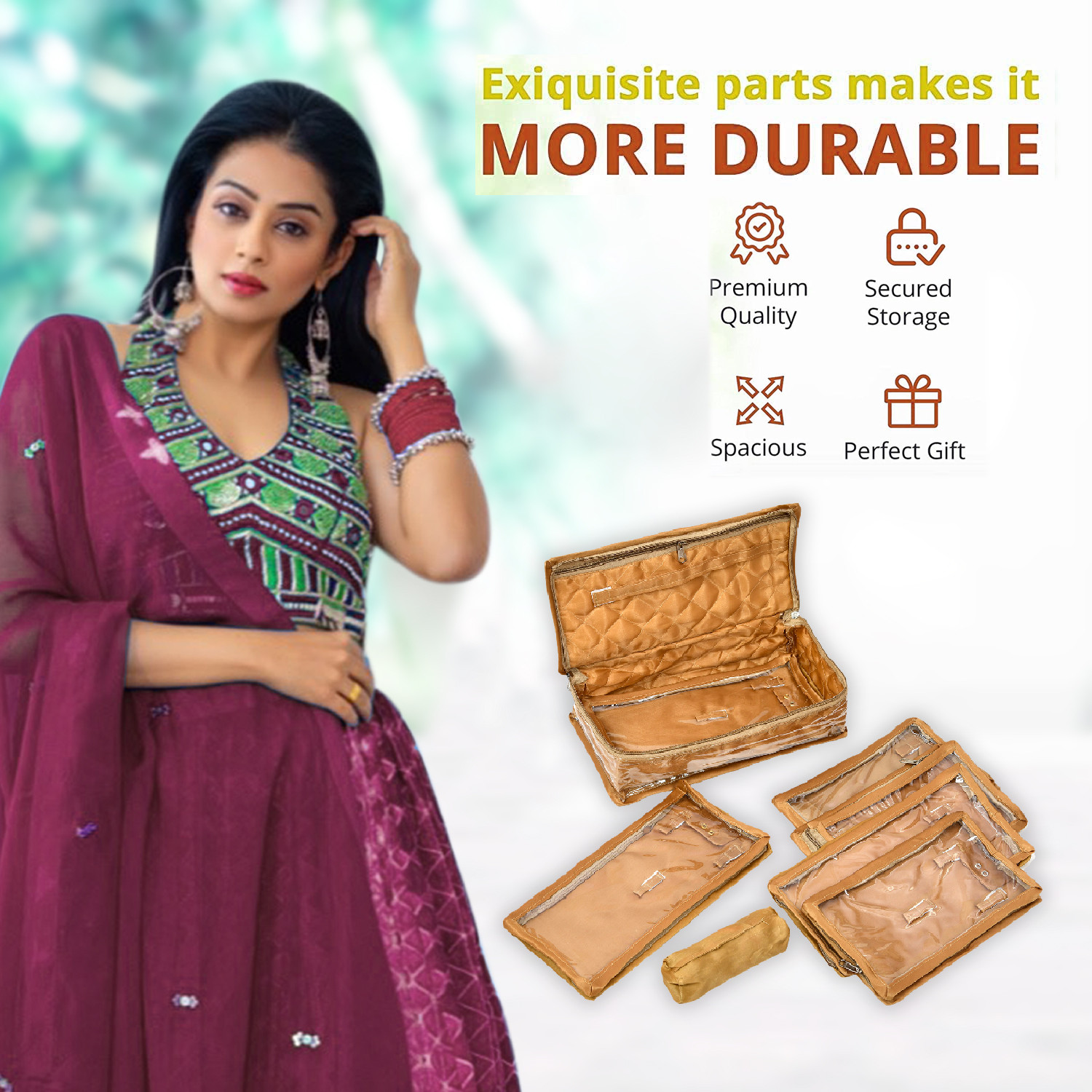 Kuber Industries Jewellery Kit | Satin Flower Embroidery Locker Kit | 3+3+1 Detachable Pouch Cosmetic Kit | Makeup Storage Kit for Watches | Bracelets | Earring | Golden