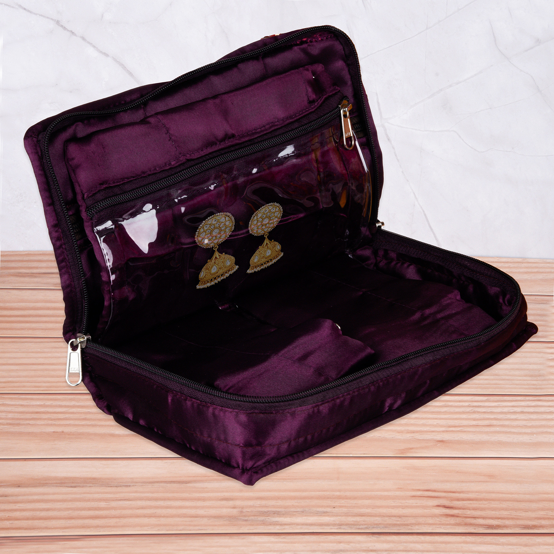 Kuber Industries Jewellery Kit  Satin Jewellery Storage Kit  Moti Beads Jewellery Kit  Cosmetic Kit with 6 Flappable Pouches  Travel Kit for Necklace  Rings  Bracelet  Wine