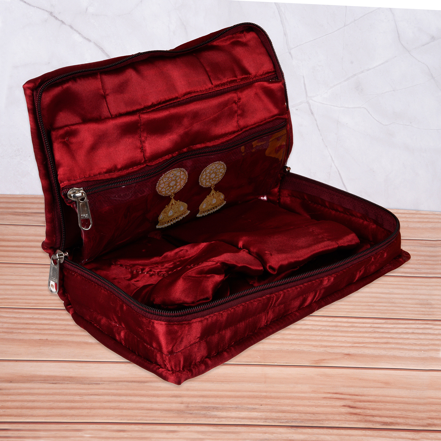 Kuber Industries Jewellery Kit  Satin Jewellery Storage Kit  Moti Beads Jewellery Kit  Cosmetic Kit with 6 Flappable Pouches  Travel Kit for Necklace  Rings  Bracelet  Maroon
