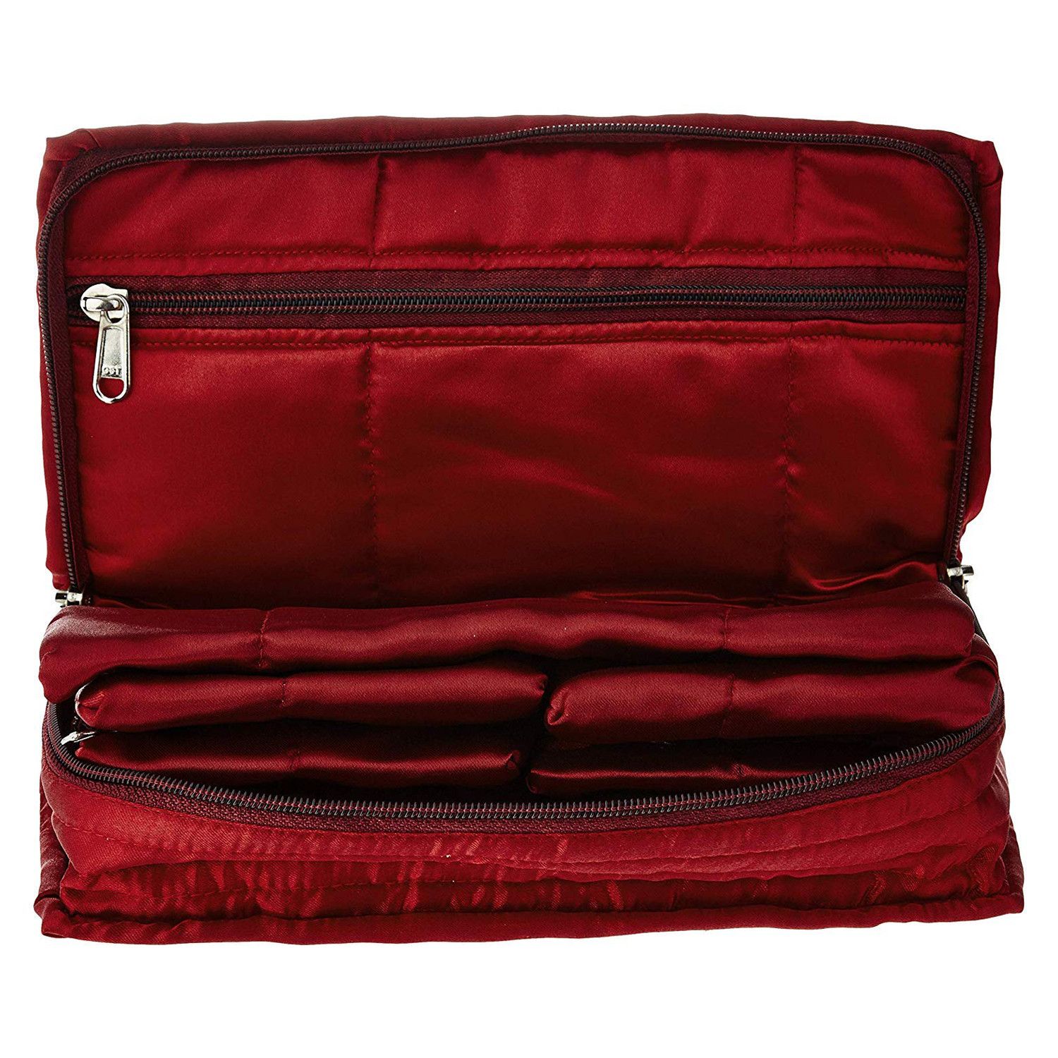 Kuber Industries Jewellery Kit  Satin Jewellery Storage Kit  Moti Beads Jewellery Kit  Cosmetic Kit with 6 Flappable Pouches  Travel Kit for Necklace  Rings  Bracelet  Maroon