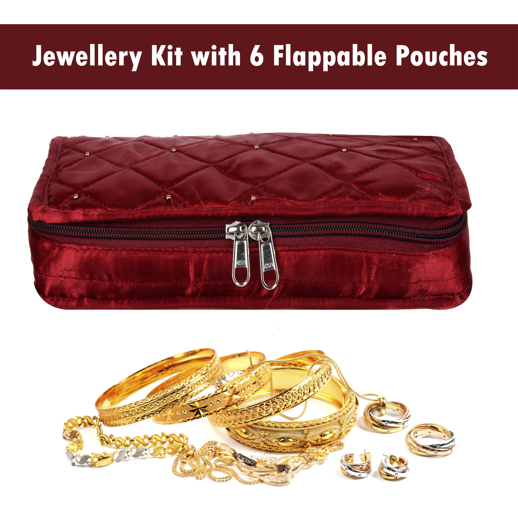Kuber Industries Jewellery Kit | Satin Jewellery Storage Kit | Moti Beads Jewellery Kit | Cosmetic Kit with 6 Flappable Pouches | Travel Kit for Necklace | Rings | Bracelet | Maroon