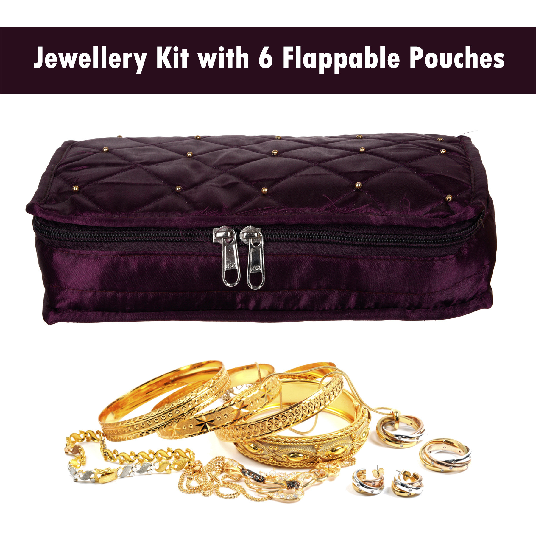 Kuber Industries Jewellery Kit | Satin Jewellery Storage Kit | Moti Beads Jewellery Kit | Cosmetic Kit with 6 Flappable Pouches | Travel Kit for Necklace | Rings | Bracelet | Wine