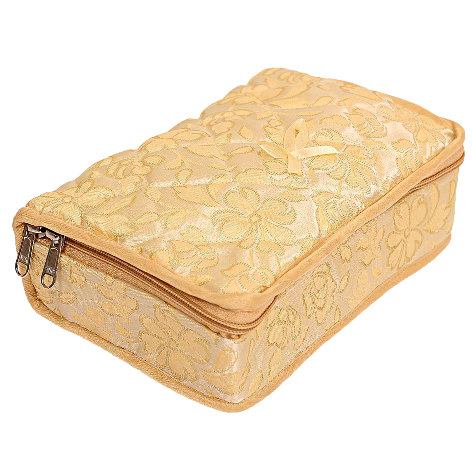 Kuber Industries Jewellery Kit | Silk Jewellery Storage Kit | Flower Pattern Jewellery Kit | Cosmetic Kit with 4 Flappable & 2 Pouch | Travel Kit for Necklace | Bracelet | Cream