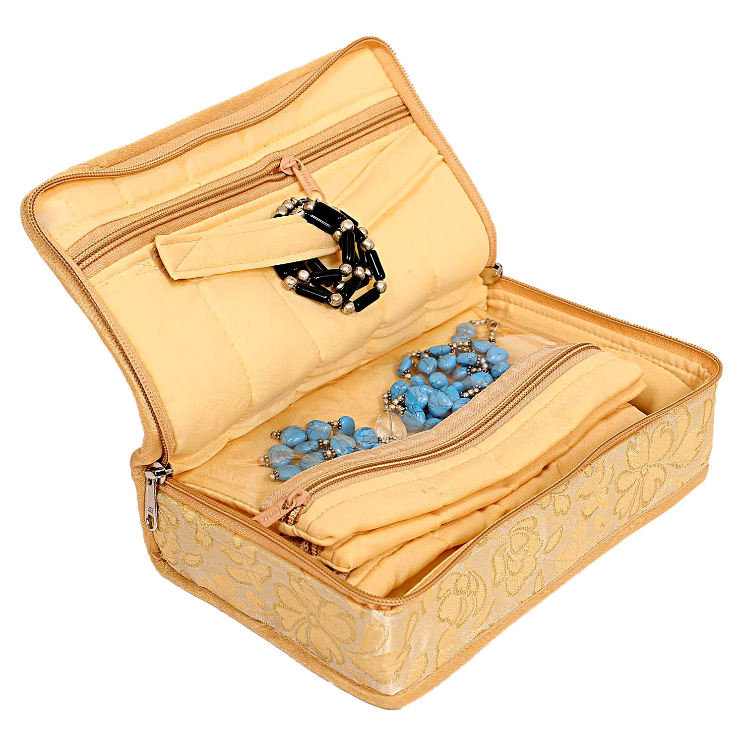 Kuber Industries Jewellery Kit | Silk Jewellery Storage Kit | Flower Pattern Jewellery Kit | Cosmetic Kit with 4 Flappable & 2 Pouch | Travel Kit for Necklace | Bracelet | Cream