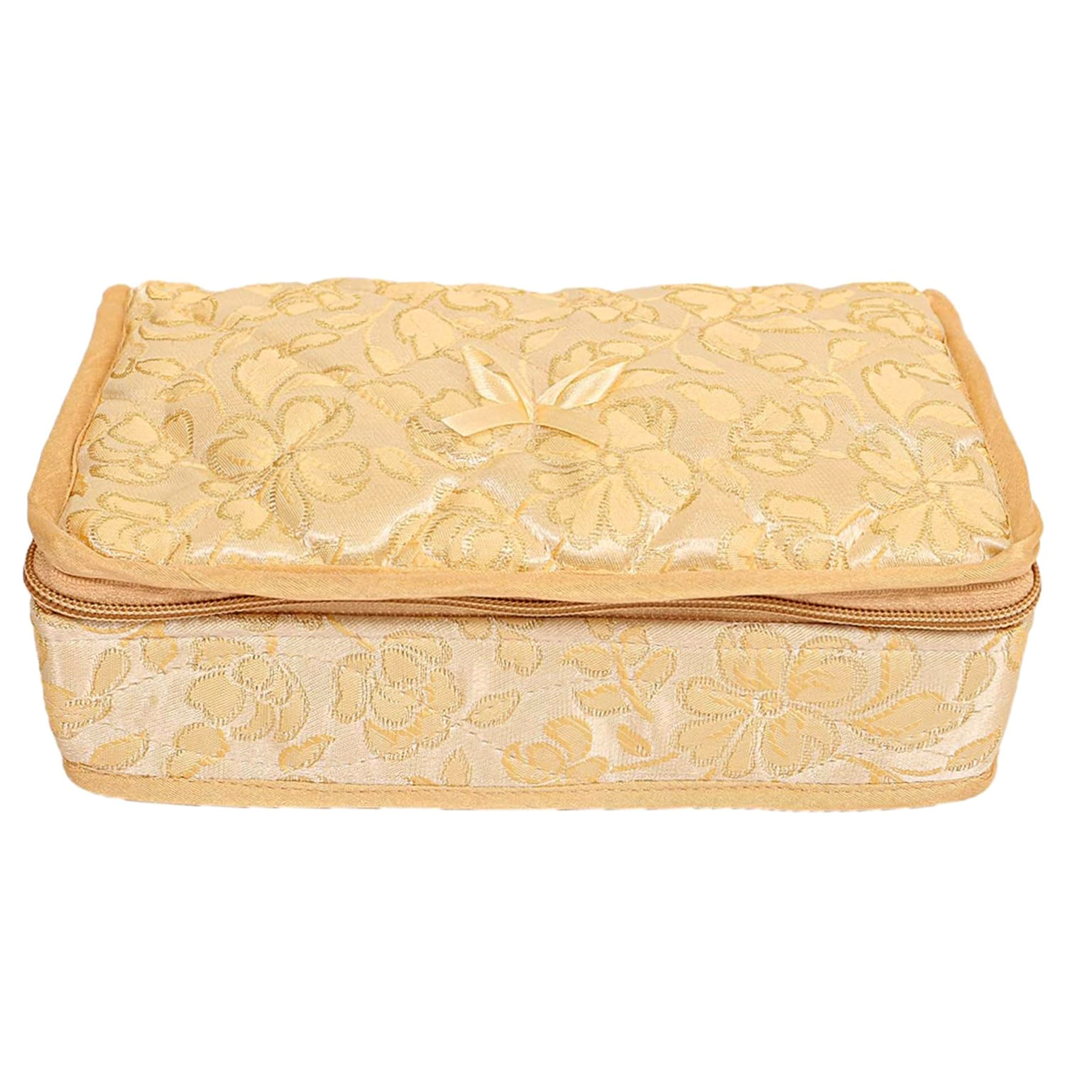 Kuber Industries Jewellery Kit | Silk Jewellery Storage Kit | Flower Pattern Jewellery Kit | Cosmetic Kit with 4 Flappable & 2 Pouch | Travel Kit for Necklace | Bracelet | Cream