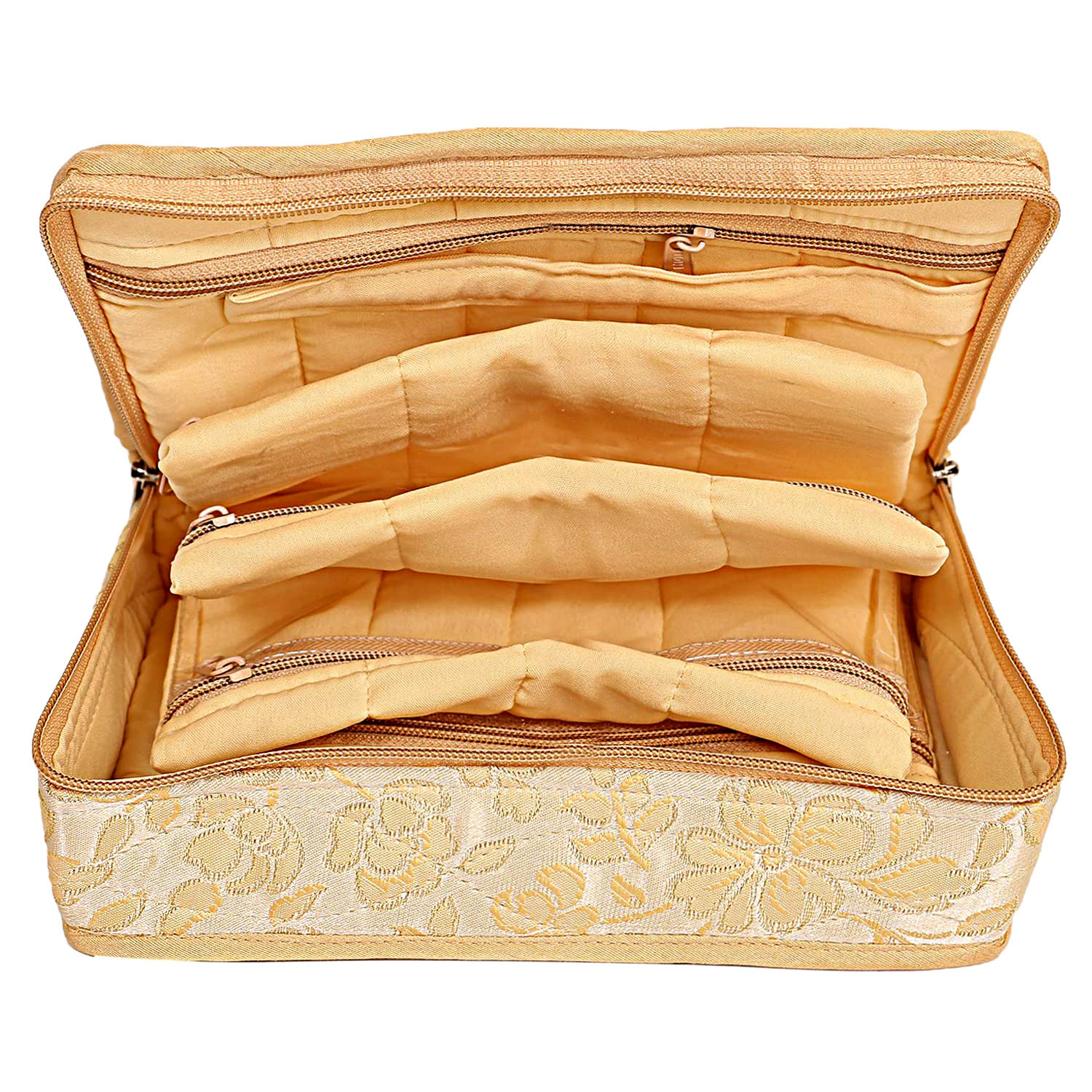 Kuber Industries Jewellery Kit | Silk Jewellery Storage Kit | Flower Pattern Jewellery Kit | Cosmetic Kit with 4 Flappable & 2 Pouch | Travel Kit for Necklace | Bracelet | Cream