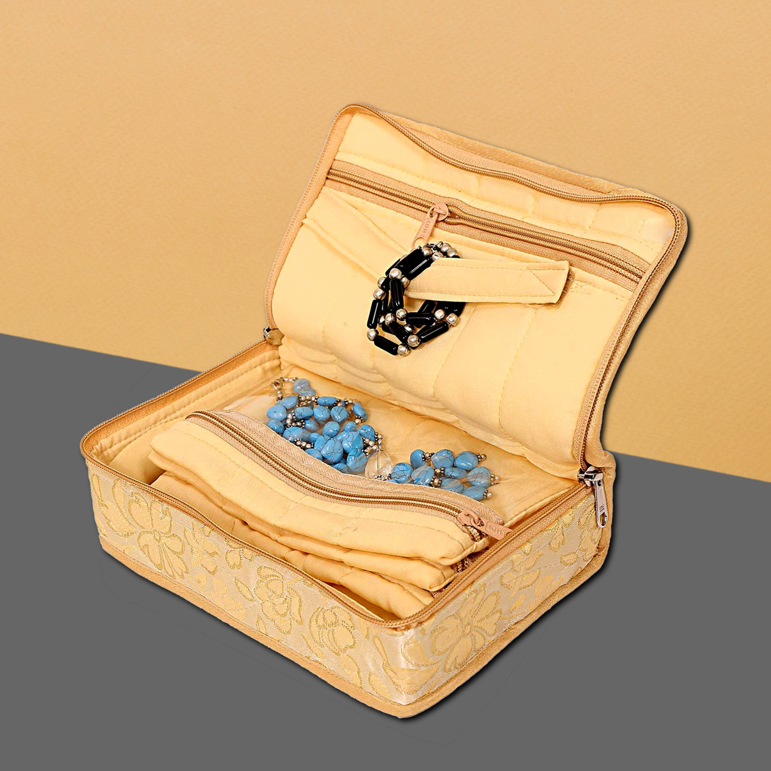 Kuber Industries Jewellery Kit | Silk Jewellery Storage Kit | Flower Pattern Jewellery Kit | Cosmetic Kit with 4 Flappable & 2 Pouch | Travel Kit for Necklace | Bracelet | Cream