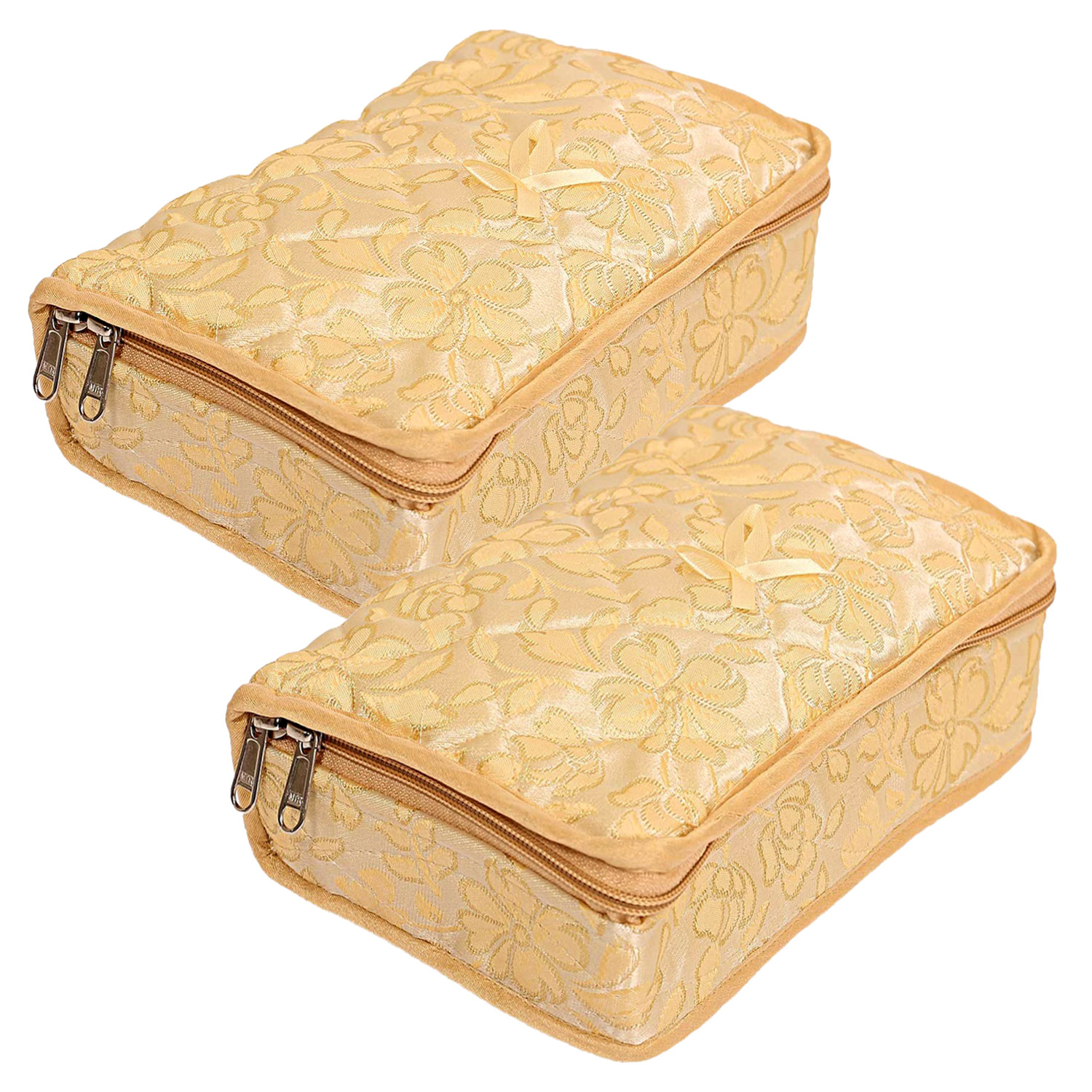 Kuber Industries Jewellery Kit | Silk Jewellery Storage Kit | Flower Pattern Jewellery Kit | Cosmetic Kit with 4 Flappable & 2 Pouch | Travel Kit for Necklace | Bracelet | Cream