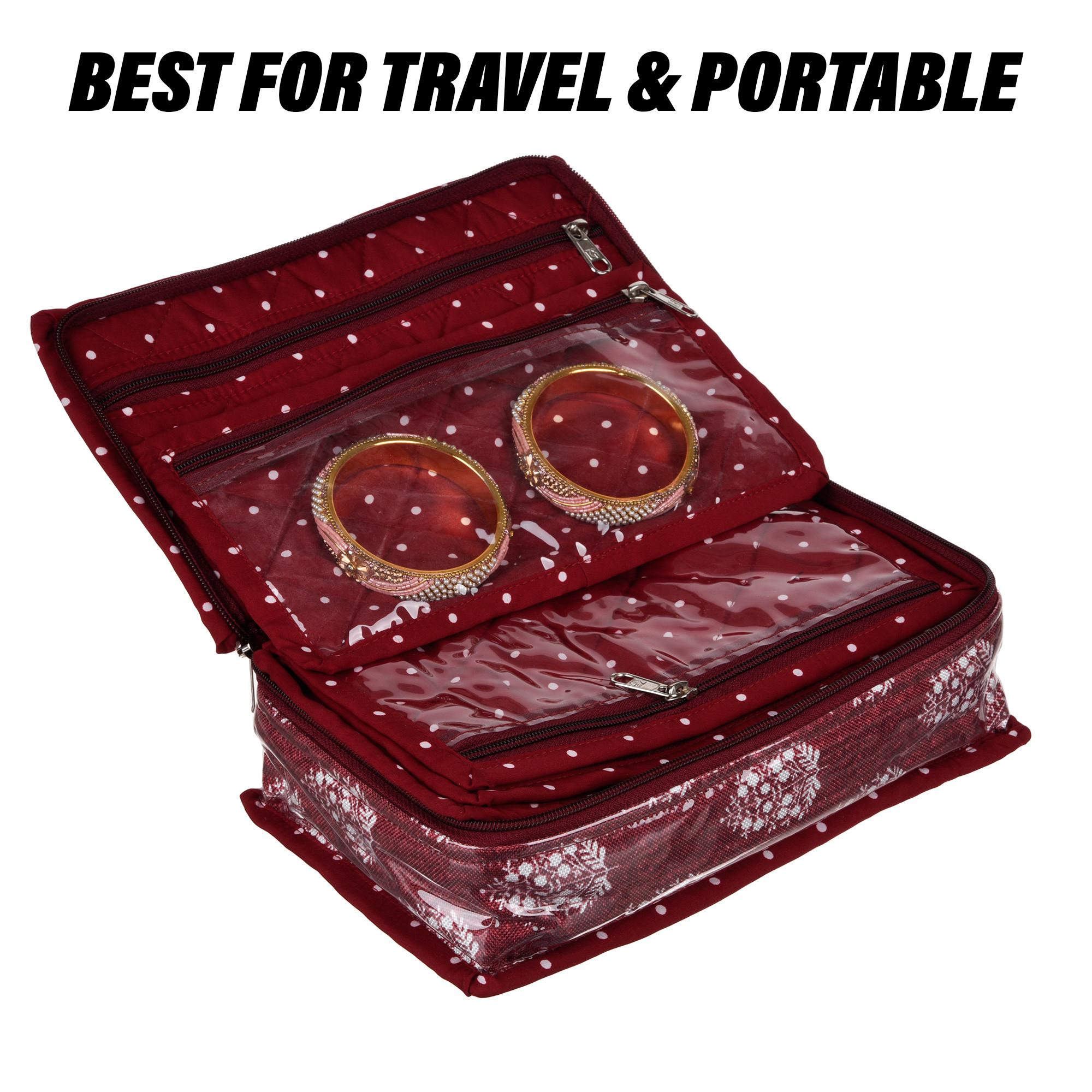 Kuber Industries Jewellery Kit  Travel Makeup Organizer  Zipper Clouser Cosmetic Kit  6 Pouch Jewellery Kit  Cosmetic Bag for Women  Bow Dot Jewellery Kit  Maroon