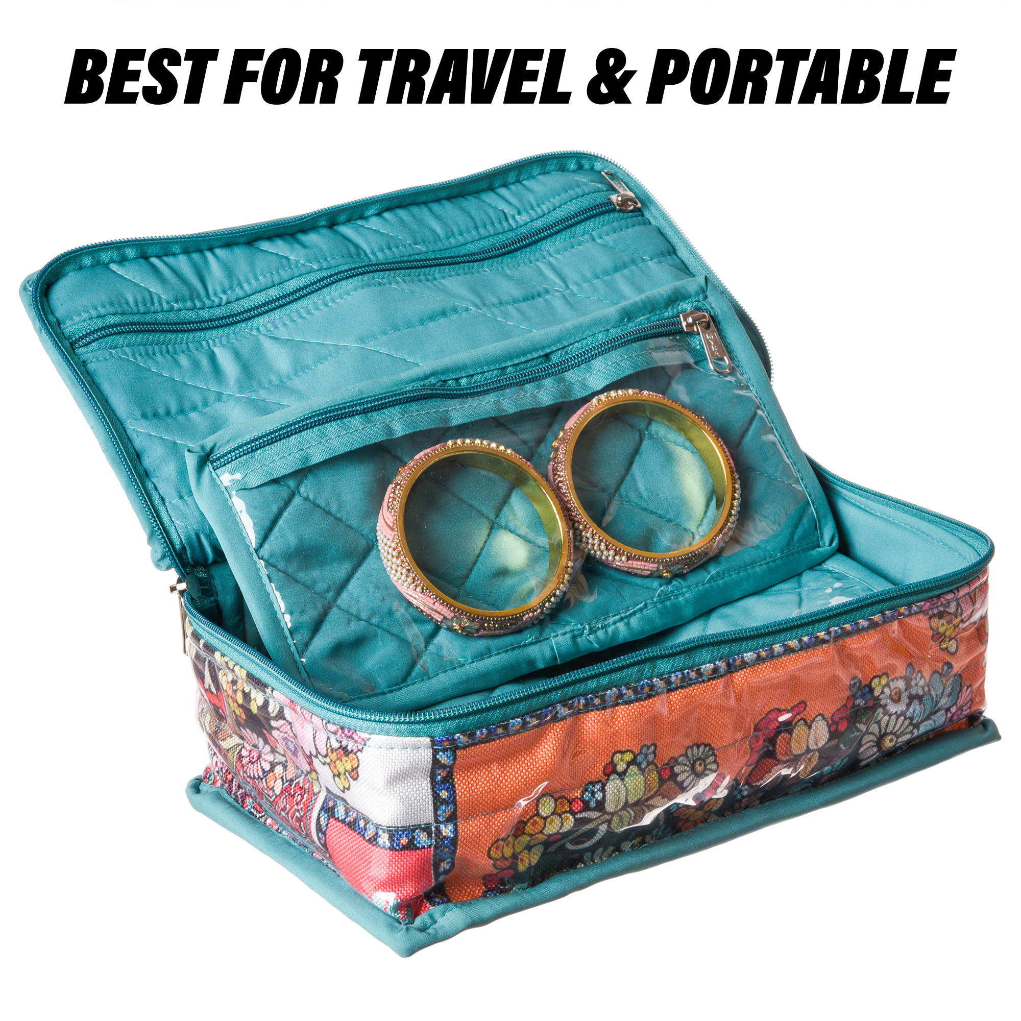 Kuber Industries Jewellery Kit  Travel Makeup Organizer  Zipper Clouser Cosmetic Kit  6 Pouch Jewellery Kit  Cosmetic Bag for Women  Bow Flower Jewellery Kit  Sea Green