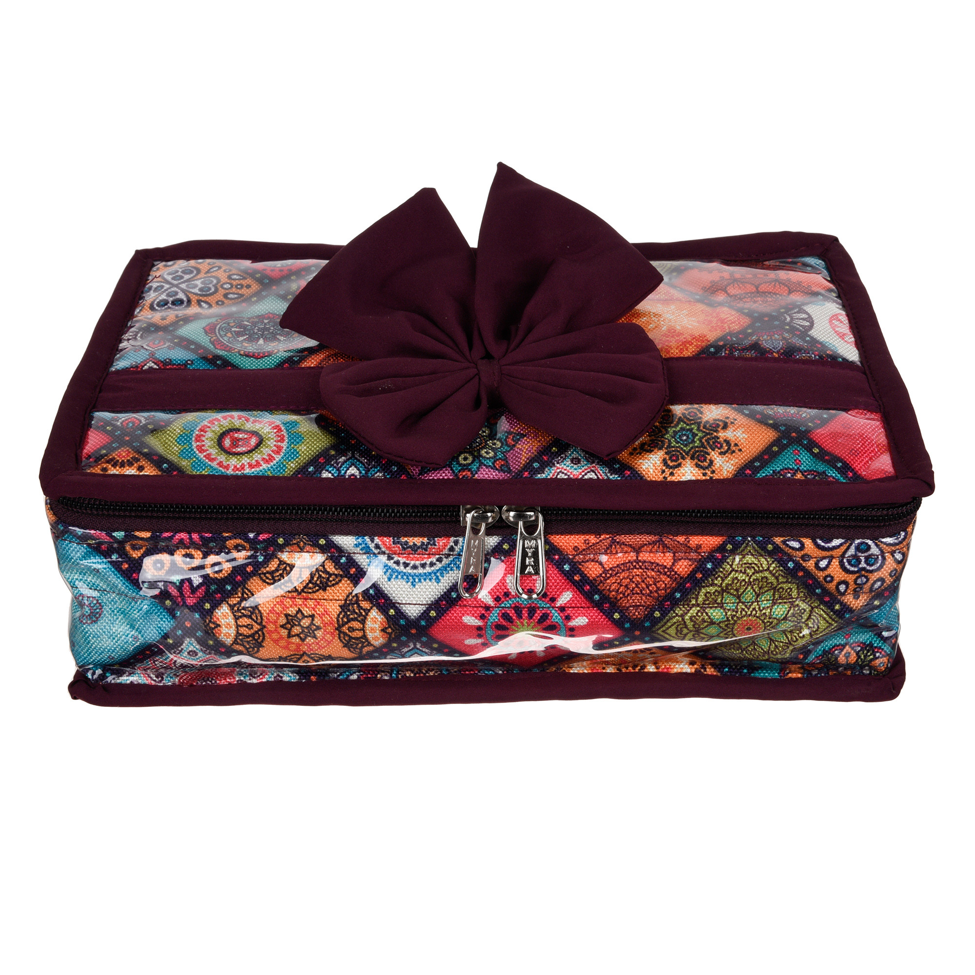 Kuber Industries Jewellery Kit  Travel Makeup Organizer  Zipper Clouser Cosmetic Kit  6 Pouch Jewellery Kit  Cosmetic Bag for Women  Bow Rangoli Jewellery Kit  Wine