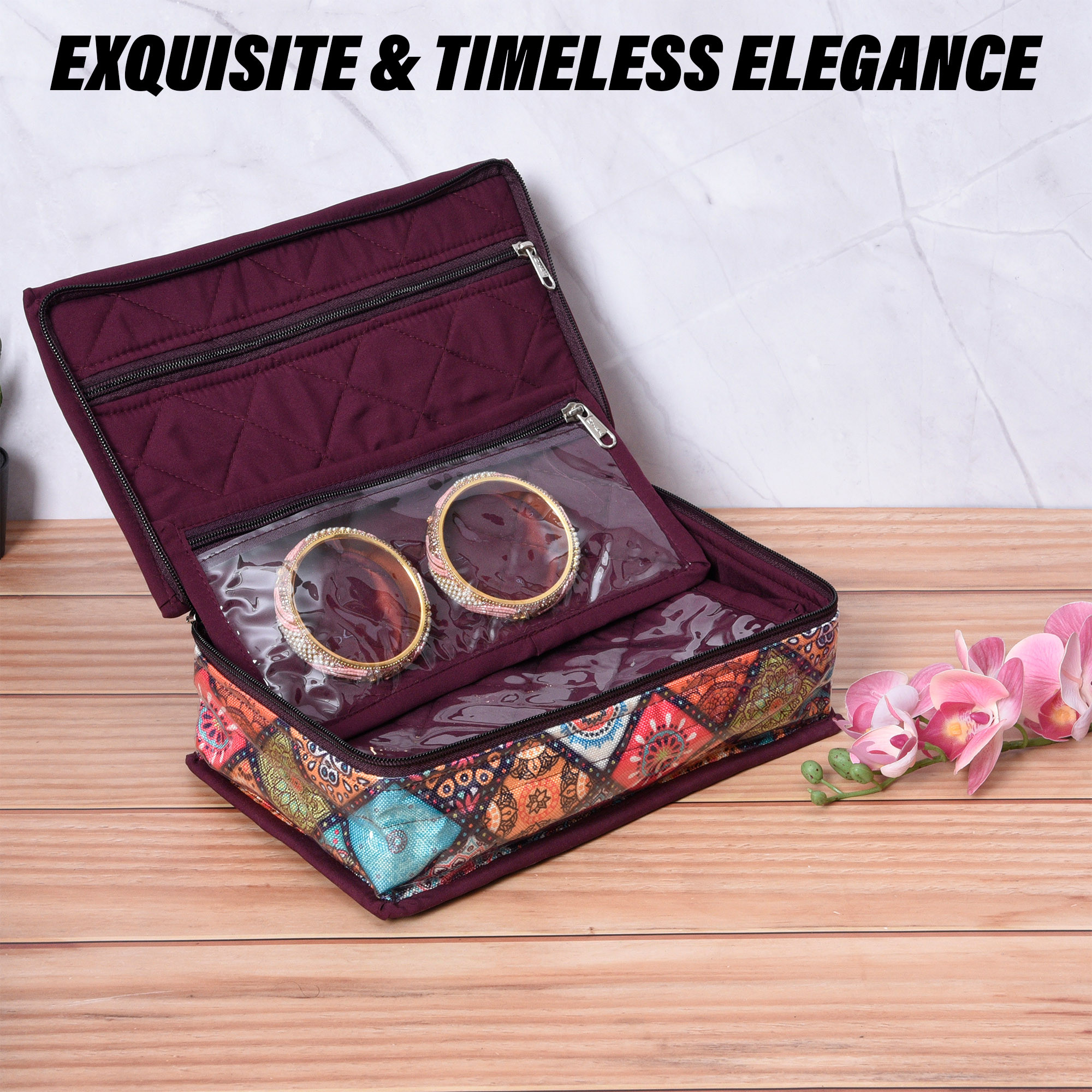 Kuber Industries Jewellery Kit  Travel Makeup Organizer  Zipper Clouser Cosmetic Kit  6 Pouch Jewellery Kit  Cosmetic Bag for Women  Bow Rangoli Jewellery Kit  Wine