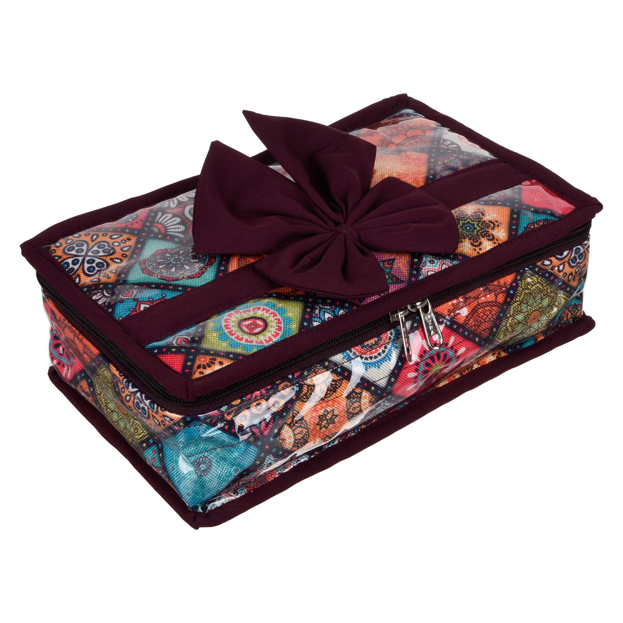 Kuber Industries Jewellery Kit | Travel Makeup Organizer | Zipper Clouser Cosmetic Kit | 6 Pouch Jewellery Kit | Cosmetic Bag for Women | Bow Rangoli Jewellery Kit | Wine