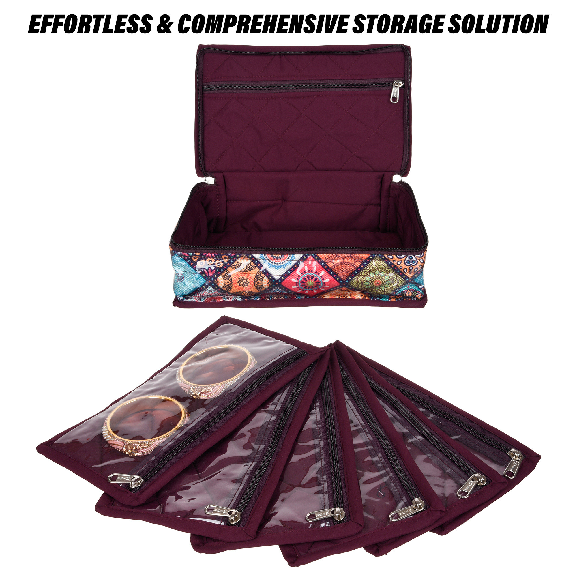 Kuber Industries Jewellery Kit | Travel Makeup Organizer | Zipper Clouser Cosmetic Kit | 6 Pouch Jewellery Kit | Cosmetic Bag for Women | Bow Rangoli Jewellery Kit | Wine