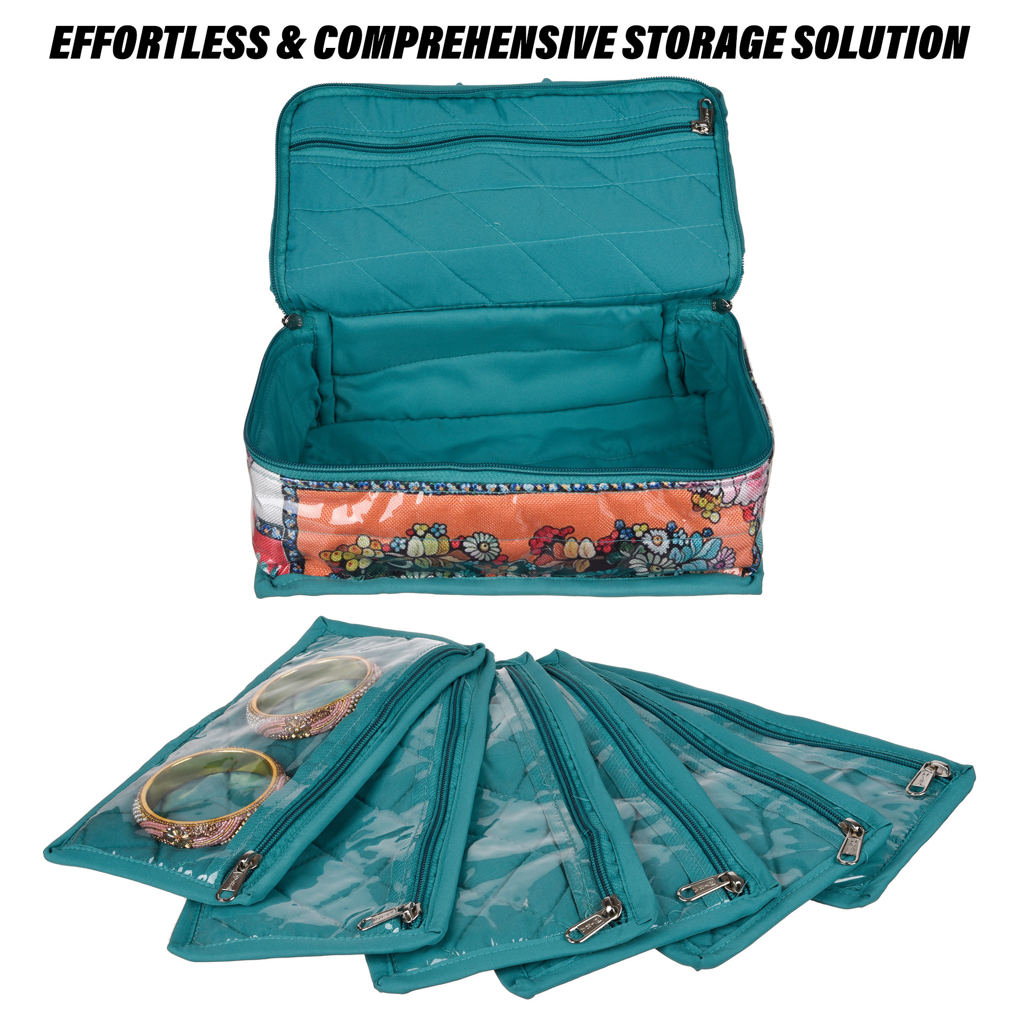 Kuber Industries Jewellery Kit | Travel Makeup Organizer | Zipper Clouser Cosmetic Kit | 6 Pouch Jewellery Kit | Cosmetic Bag for Women | Bow Flower Jewellery Kit | Sea Green