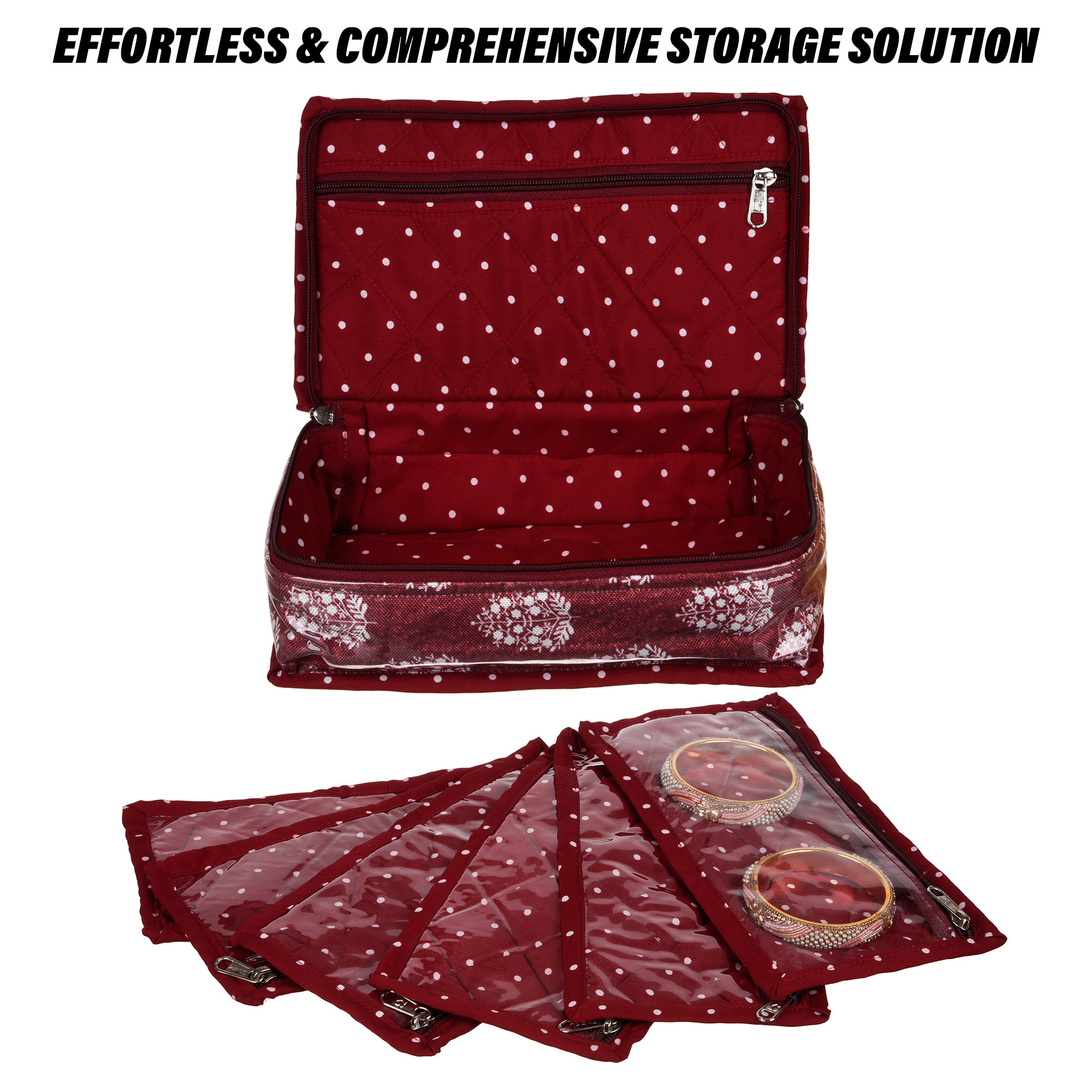 Kuber Industries Jewellery Kit | Travel Makeup Organizer | Zipper Clouser Cosmetic Kit | 6 Pouch Jewellery Kit | Cosmetic Bag for Women | Bow Dot Jewellery Kit | Maroon