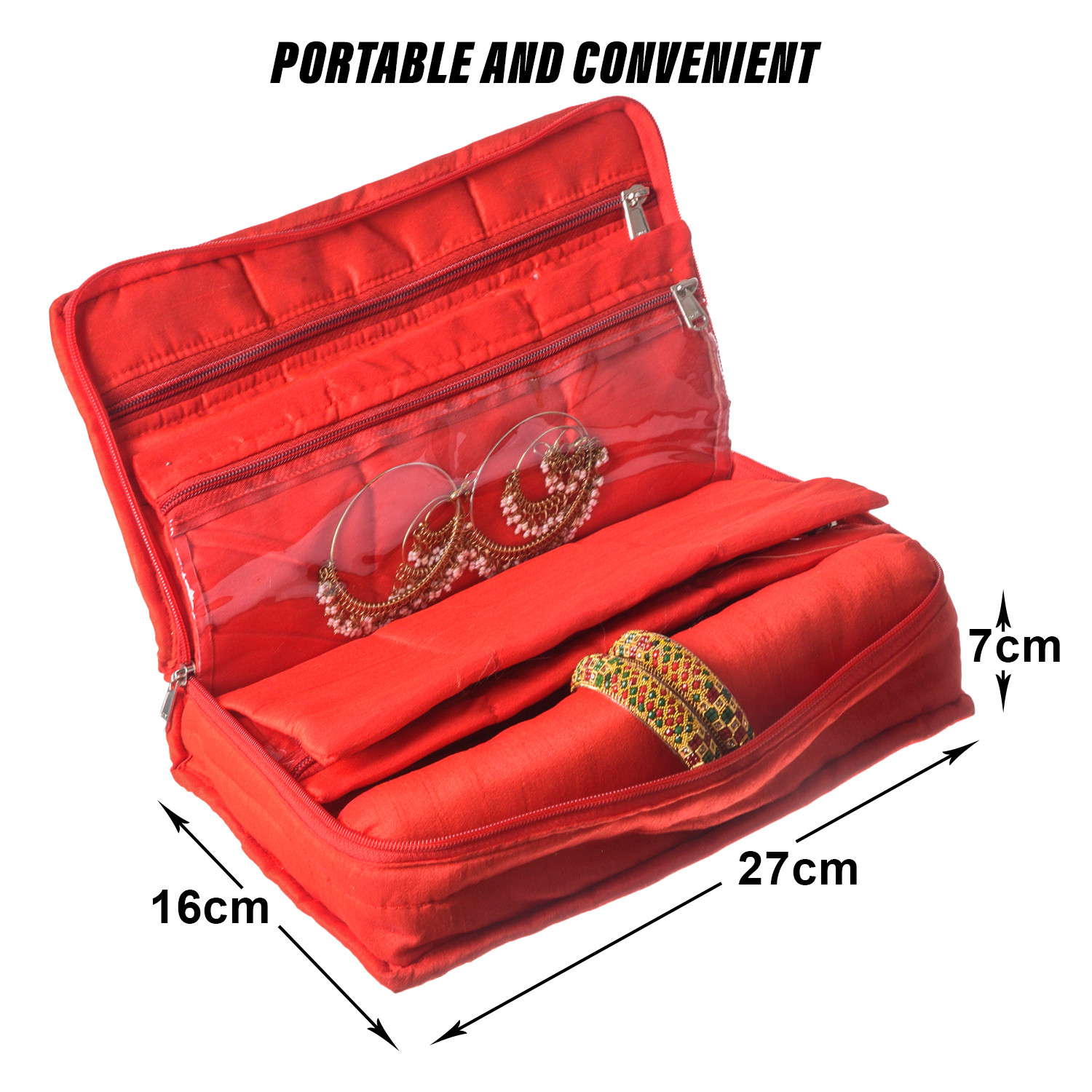 Kuber Industries Jewellery Kit with Bangle Roll | Polyester Gota Lace Check Design Vanity Organizer | 4 Transparent Pouch & 1 Compartment Cosmatic Kit | Red