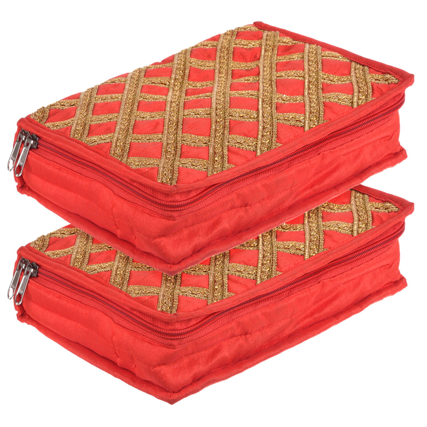 Kuber Industries Jewellery Kit with Bangle Roll | Polyester Gota Lace Check Design Vanity Organizer | 4 Transparent Pouch & 1 Compartment Cosmatic Kit | Red