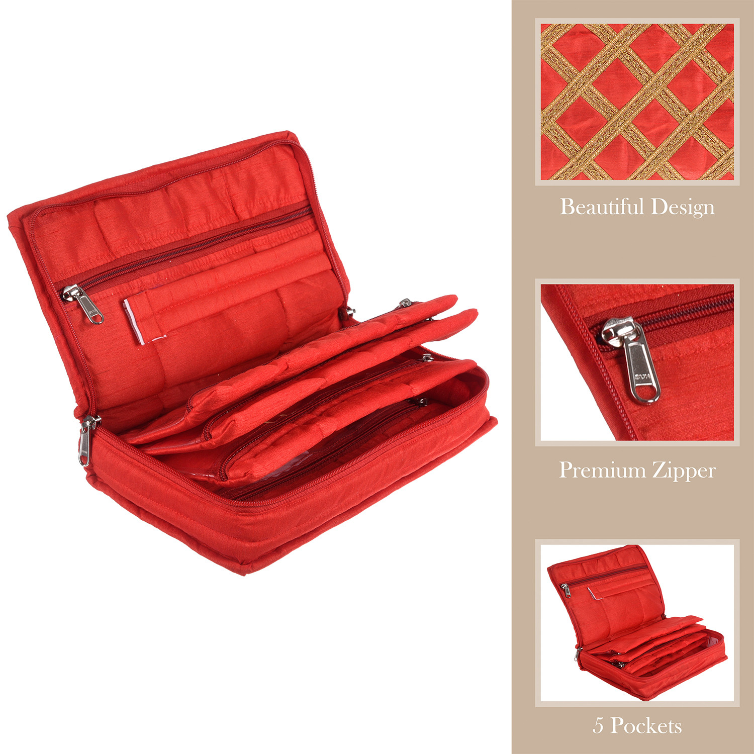 Kuber Industries Jewellery Organizer | Polyester Gota Lace Check Design Vanity Organizer | 4 Transparent Pouch & 1 Compartment Cosmatic Kit | Red
