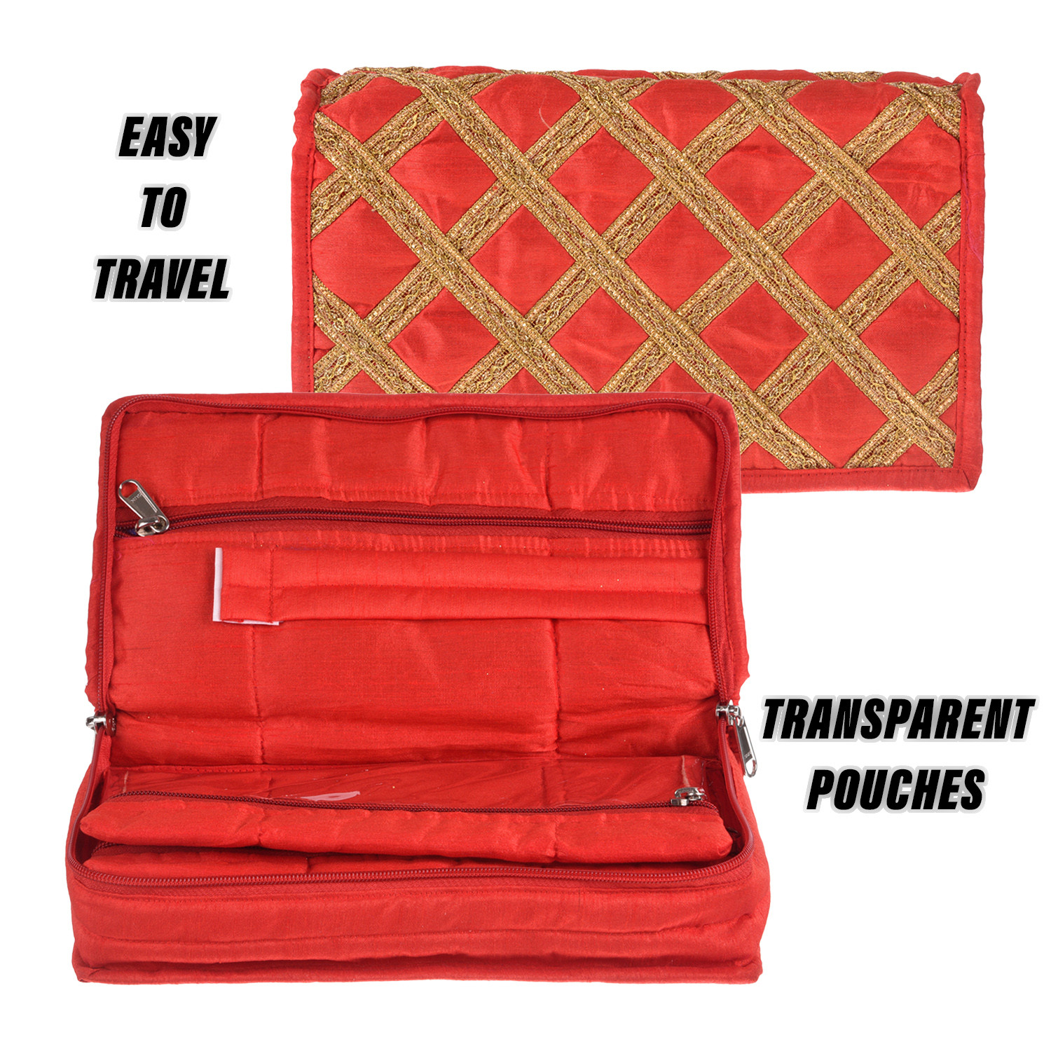 Kuber Industries Jewellery Organizer | Polyester Gota Lace Check Design Vanity Organizer | 4 Transparent Pouch & 1 Compartment Cosmatic Kit | Red