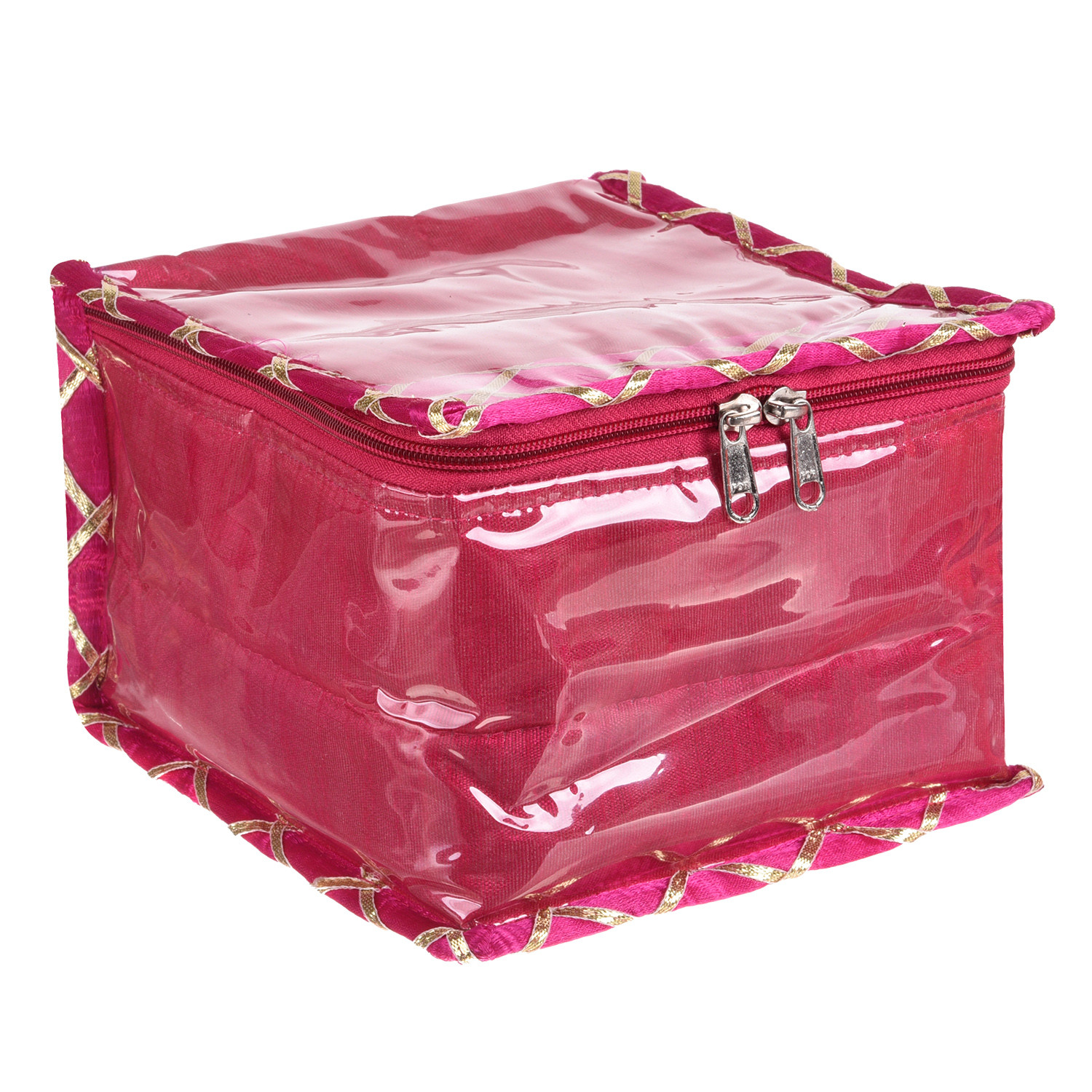 Kuber Industries Jewellery Organizer | PVC Laminated Gota Check Design Vanity Organizer for Women | Cosmetic kit with 10 Transparent Pouches | Pink