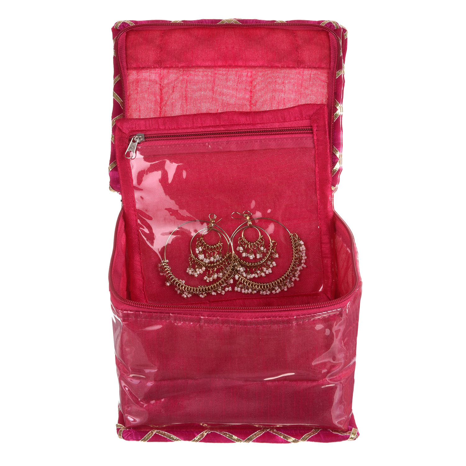 Kuber Industries Jewellery Organizer | PVC Laminated Gota Check Design Vanity Organizer for Women | Cosmetic kit with 10 Transparent Pouches | Pink