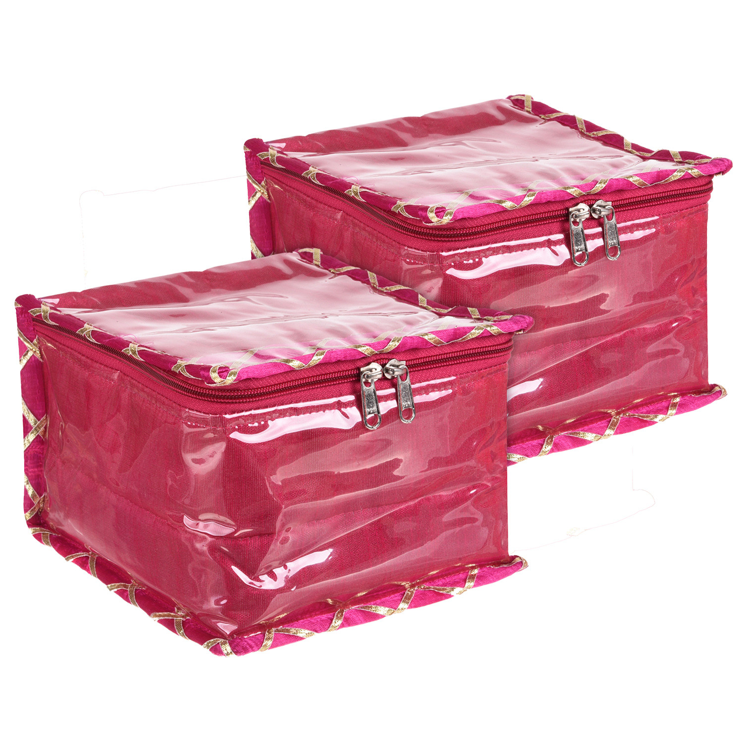 Kuber Industries Jewellery Organizer | PVC Laminated Gota Check Design Vanity Organizer for Women | Cosmetic kit with 10 Transparent Pouches | Pink