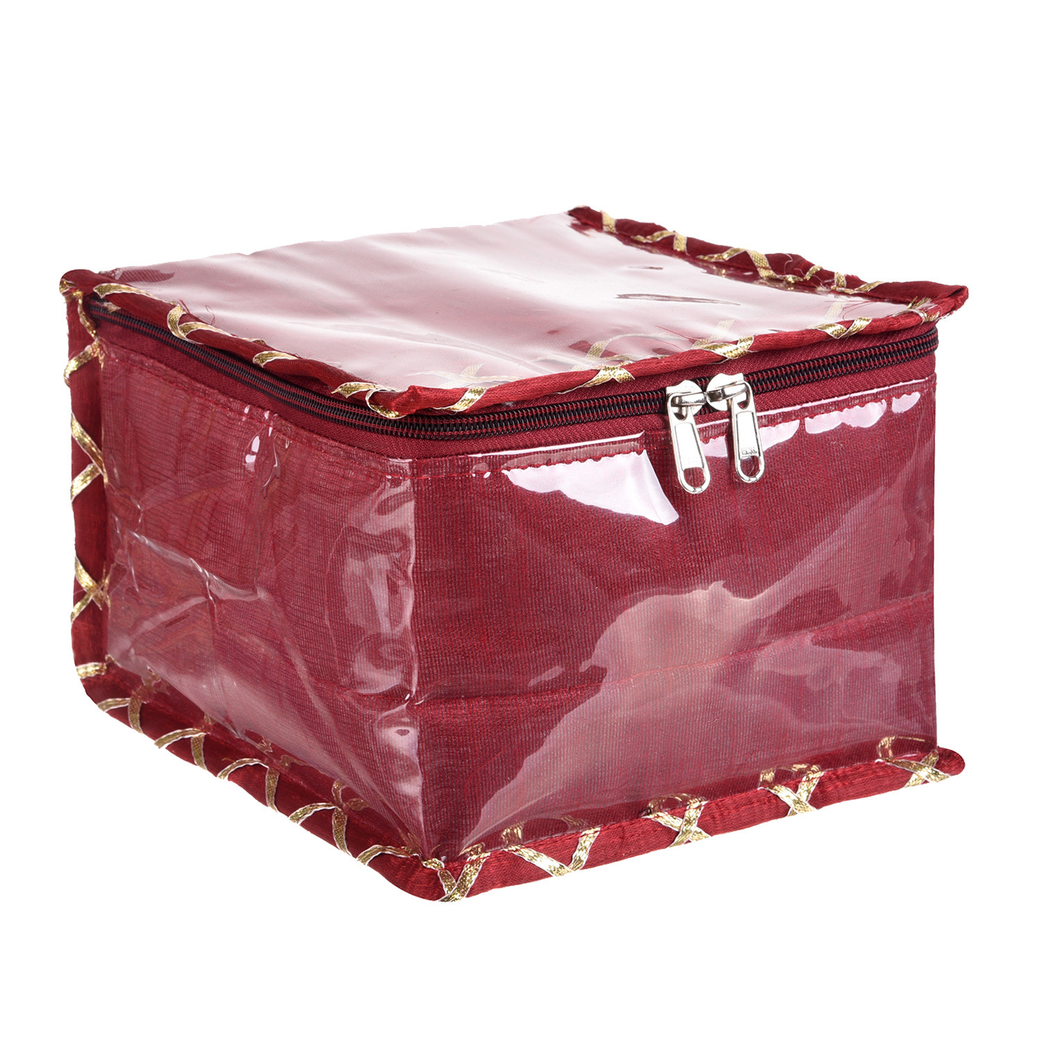 Kuber Industries Jewellery Organizer | PVC Laminated Gota Check Design Vanity Organizer for Women | Cosmetic kit with 10 Transparent Pouches | Maroon