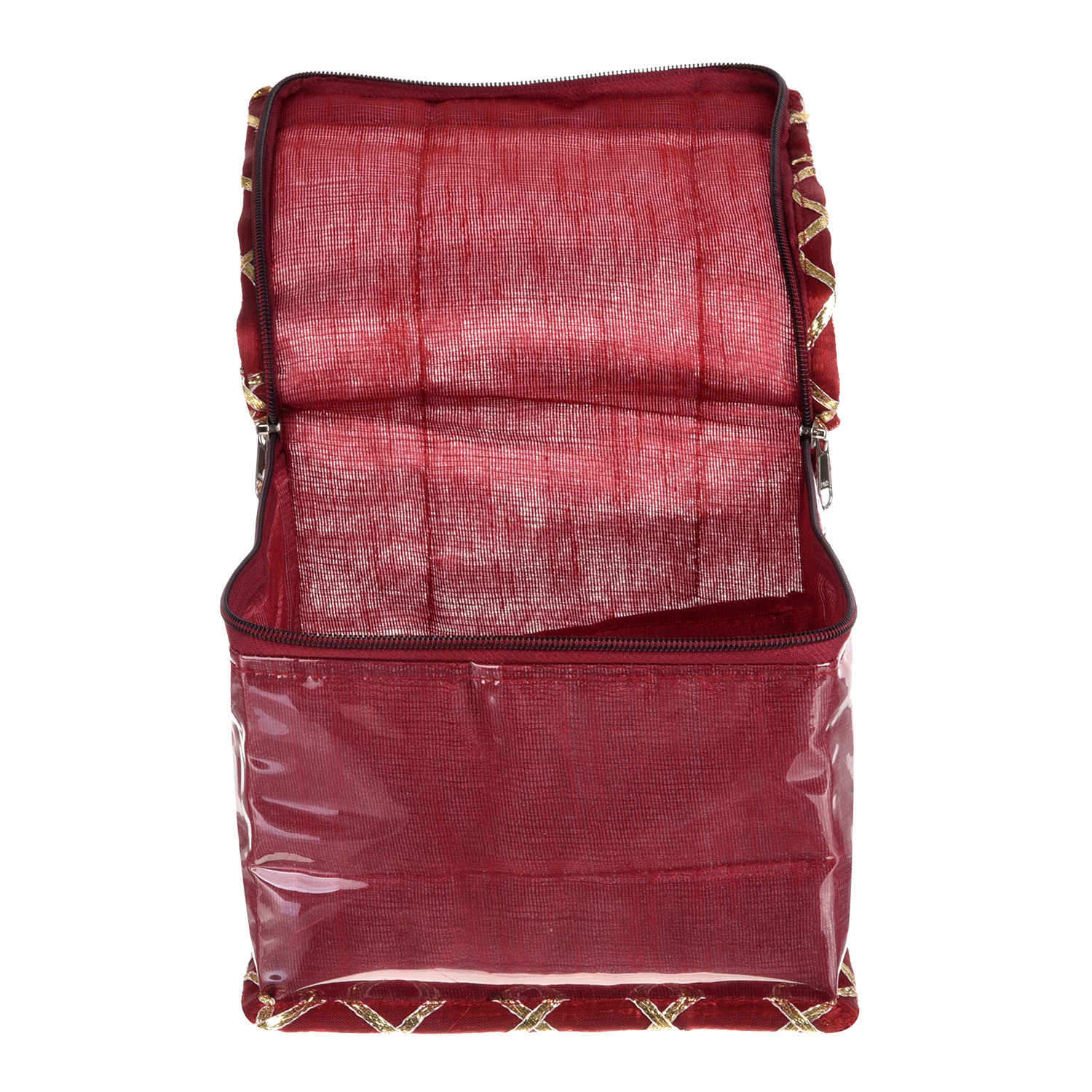 Kuber Industries Jewellery Organizer | PVC Laminated Gota Check Design Vanity Organizer for Women | Cosmetic kit with 10 Transparent Pouches | Maroon