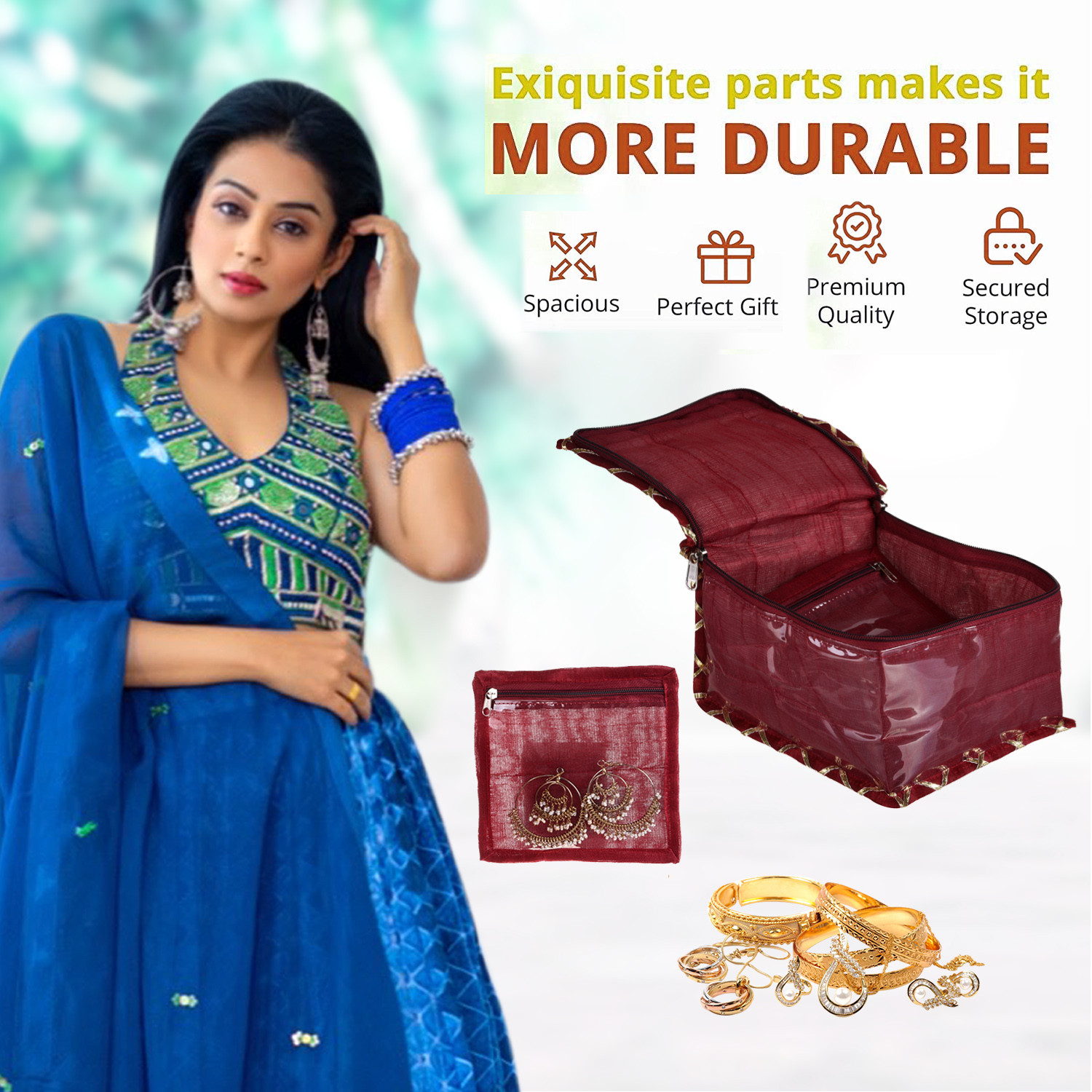 Kuber Industries Jewellery Organizer | PVC Laminated Gota Check Design Vanity Organizer for Women | Cosmetic kit with 10 Transparent Pouches | Maroon
