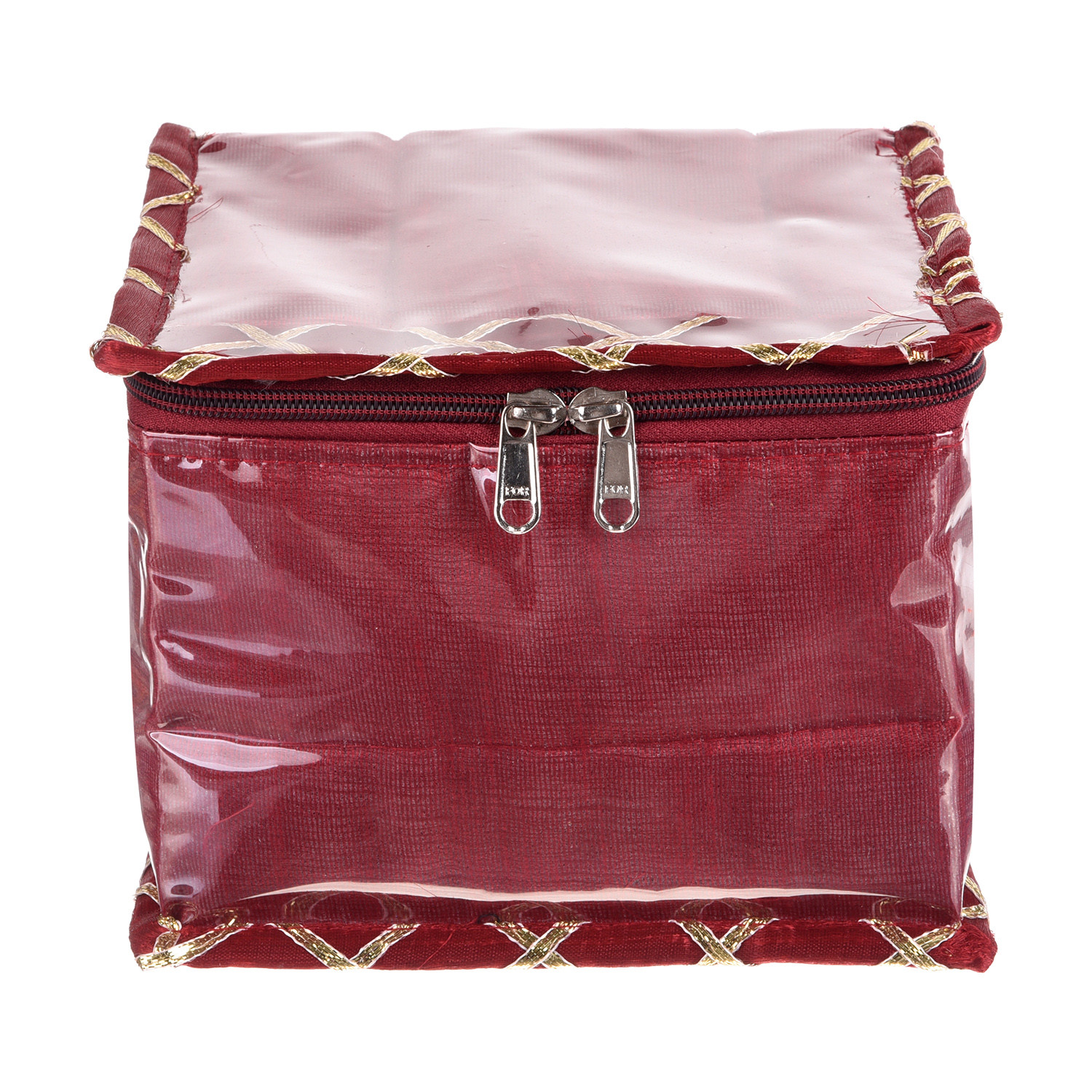 Kuber Industries Jewellery Organizer | PVC Laminated Gota Check Design Vanity Organizer for Women | Cosmetic kit with 10 Transparent Pouches | Maroon