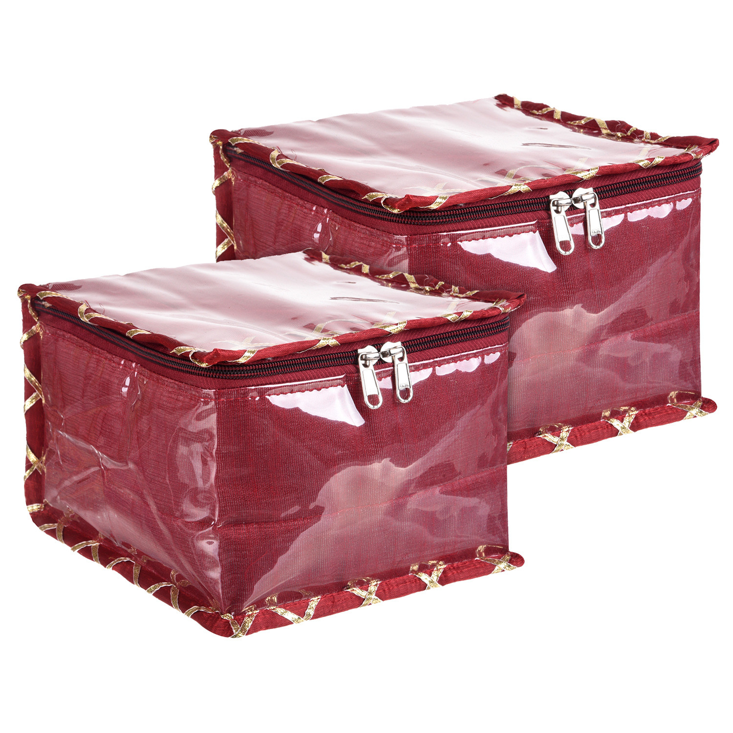Kuber Industries Jewellery Organizer | PVC Laminated Gota Check Design Vanity Organizer for Women | Cosmetic kit with 10 Transparent Pouches | Maroon