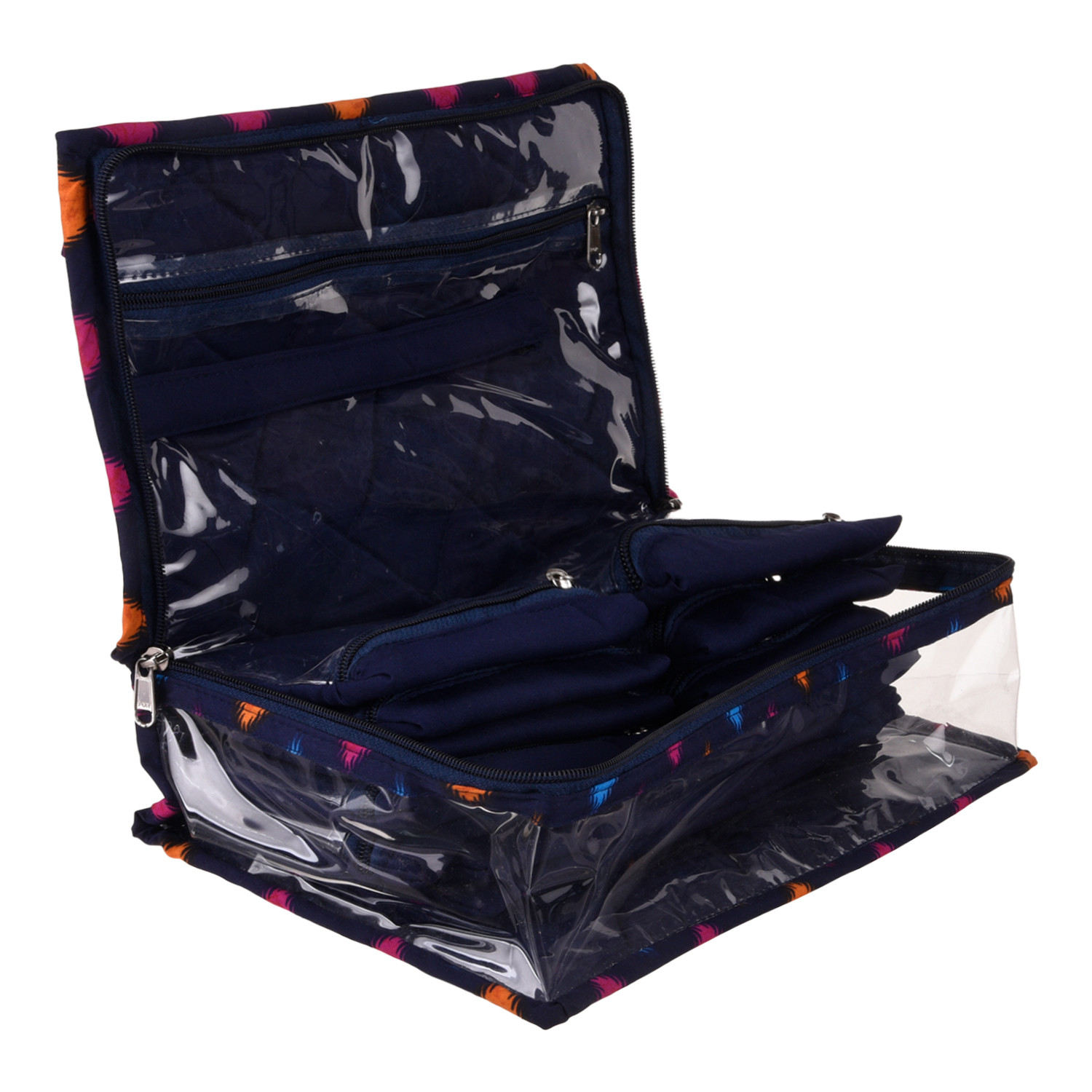 Kuber Industries Jewellery Storage Bag|PVC Laminated Navajo Print Storage Pouch|Travel Kit with 13 Tranasparent Pouches (Blue)