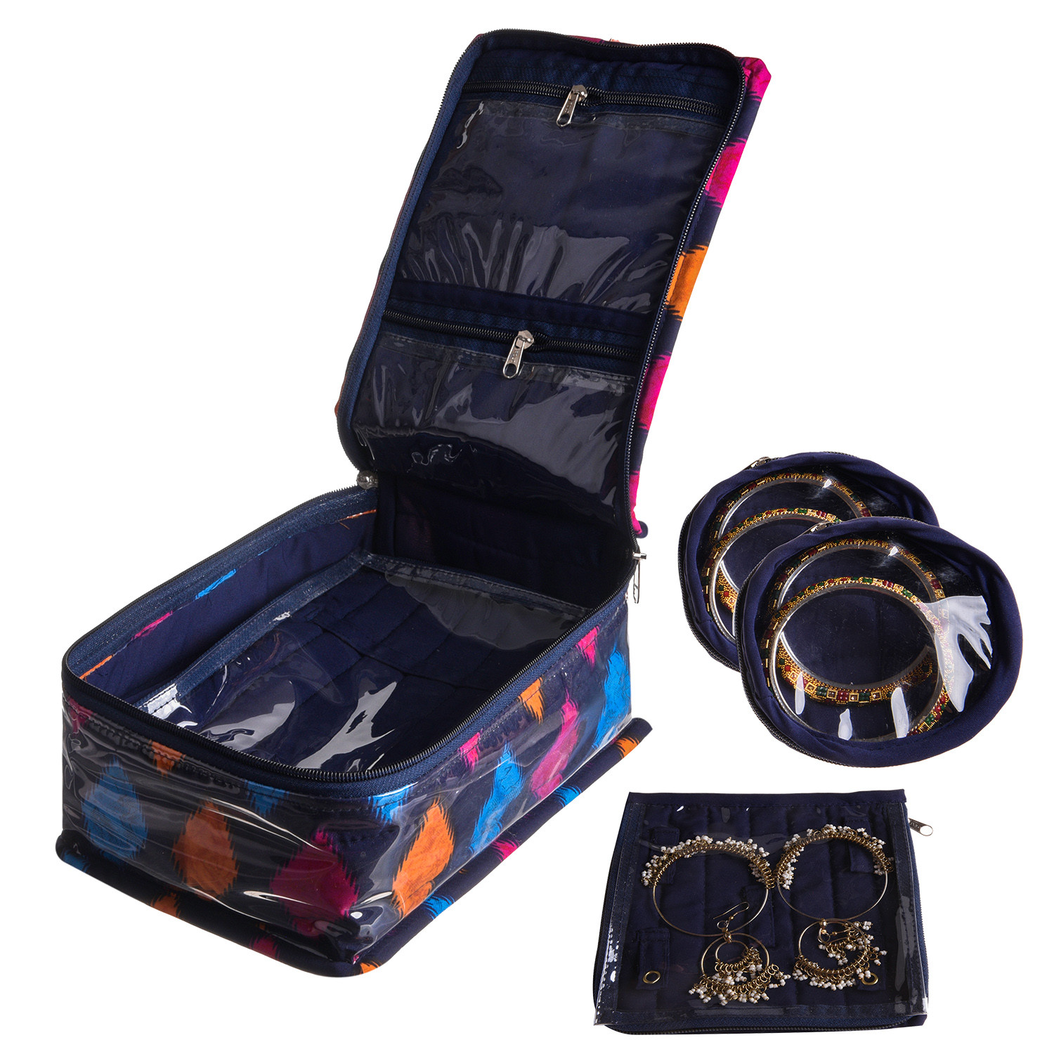 Kuber Industries Jewellery Storage Kit | PVC Laminated Zig Zag Print Travel Locker Kit | Cosmatic Storage Pouch with 12 Tranasparent Pouches | Blue
