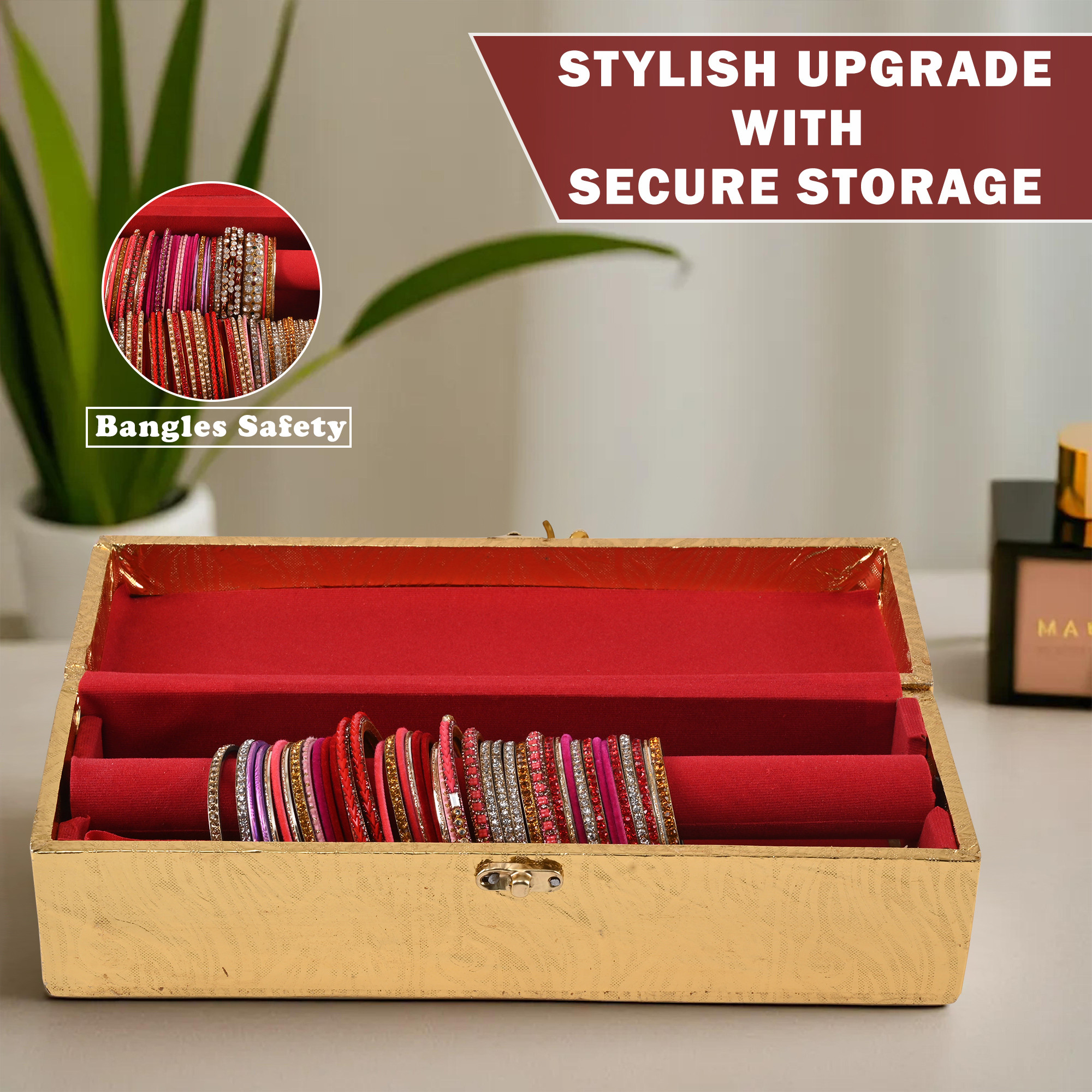 Kuber Industries Jewelry Bangle Box  Jewellery Case Organizer   Bangles Box for Women  Velvet Jewelry Box  Storage Organizer  Watch Organizer  Zig Zag Lock  Golden