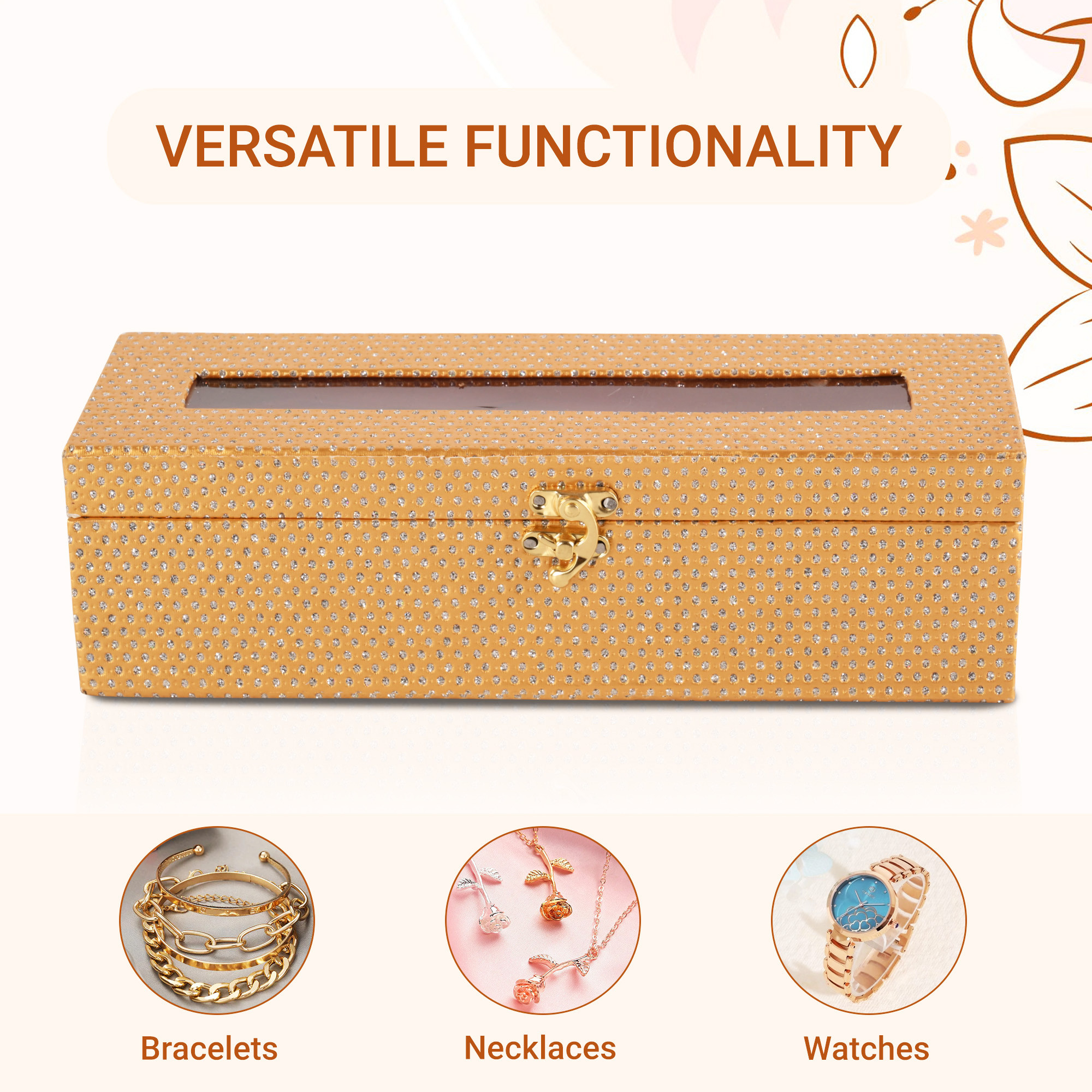 Kuber Industries Jewelry Bangle Box  Jewellery Case Organizer  1 Rod Transparent Bangles Box for Women  Velvet Jewelry Box  Storage Organizer  Watch Organizer  Dot Lock  Golden