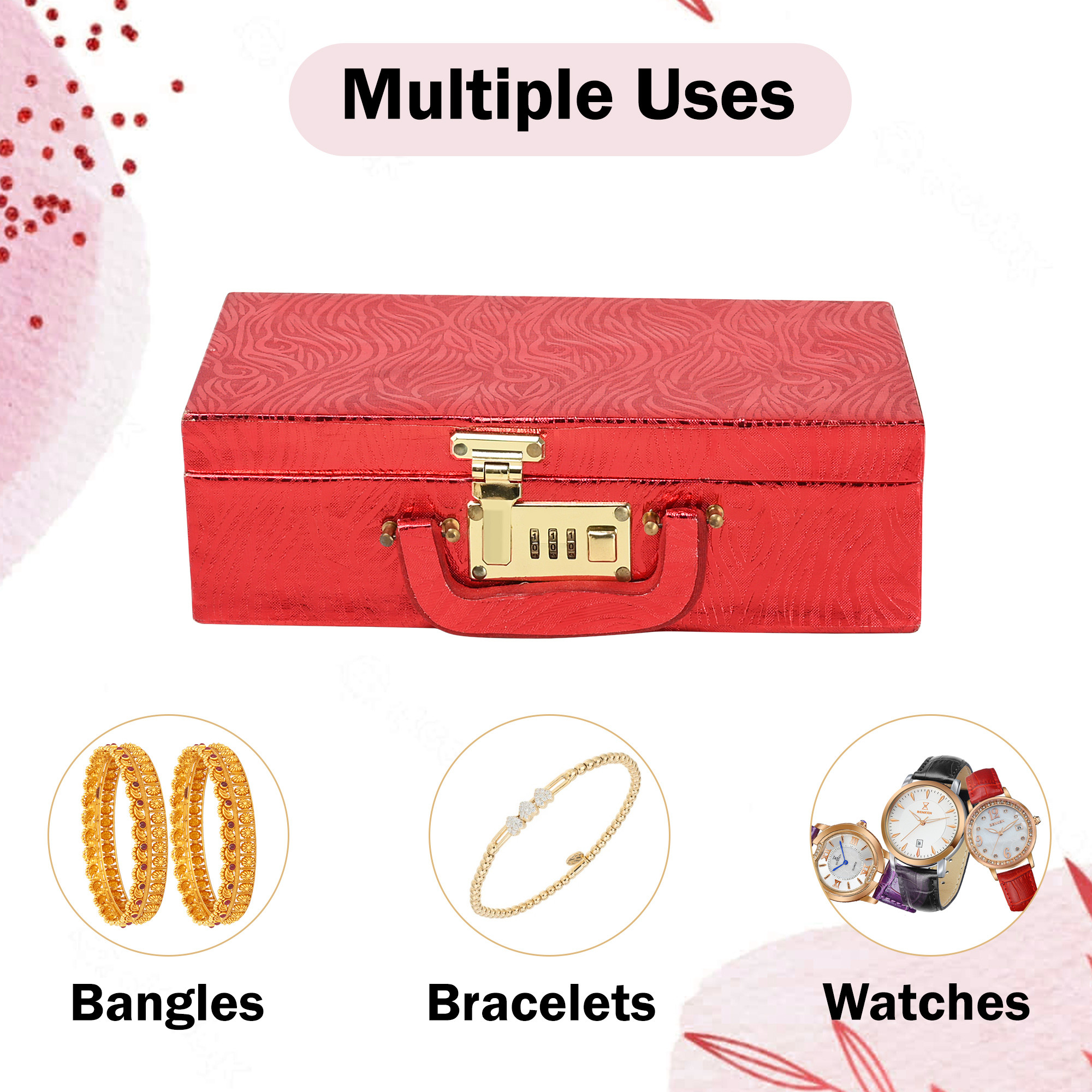 Kuber Industries Jewelry Bangle Box  Jewellery Case Organizer 2 Rod Bangles Box for Women  Velvet Jewelry Box  Storage Organizer  Watch Organizer Zig Zag Number Lock Red