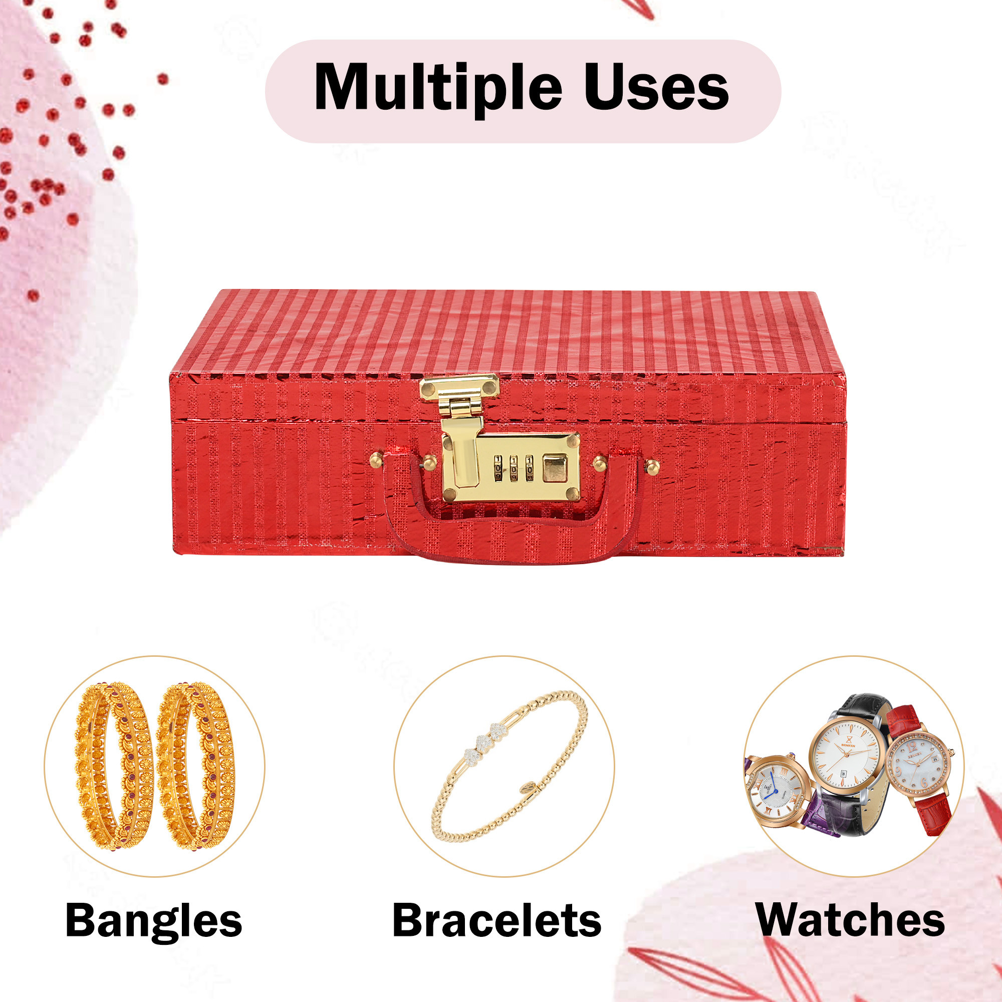 Kuber Industries Jewelry Bangle Box  Jewellery Case Organizer 3 Rod Bangles Box for Women  Velvet Jewelry Box  Storage Organizer  Watch Organizer Lining Number Lock Red