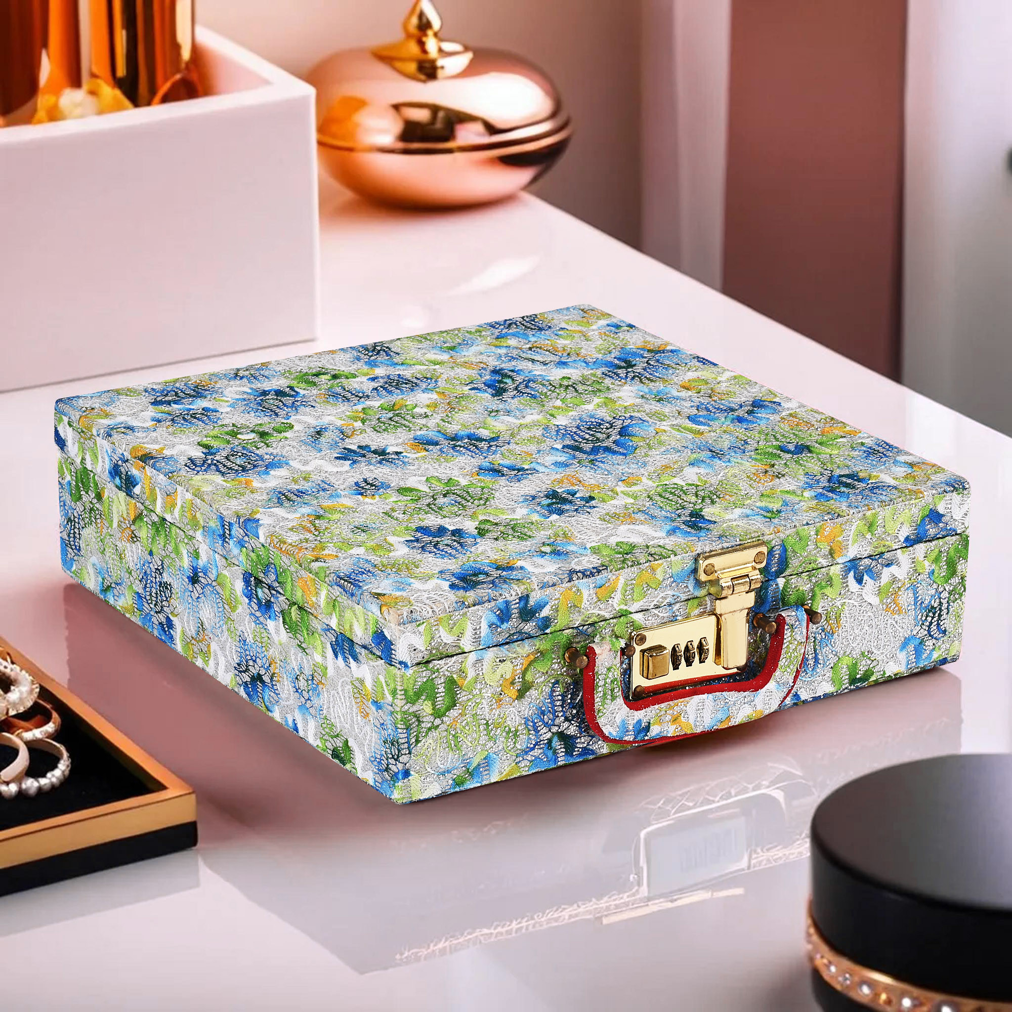 Kuber Industries Jewelry Bangle Box  Jewellery Case Organizer 4 Rod Bangles Box for Women  Velvet Jewelry Box  Storage Organizer  Watch Organizer Printed Green  Blue