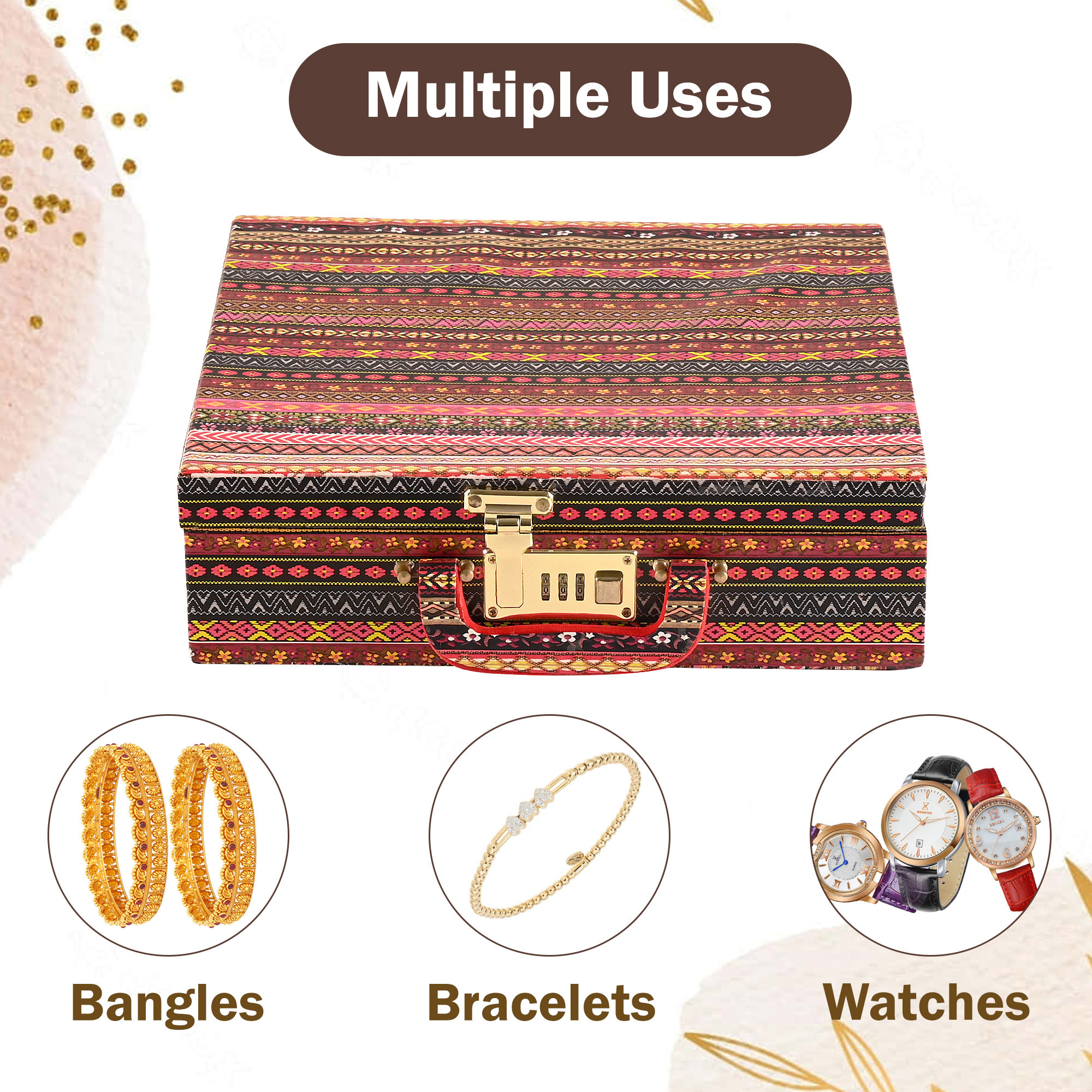 Kuber Industries Jewelry Bangle Box  Jewellery Case Organizer 4 Rod Bangles Box for Women  Velvet Jewelry Box  Storage Organizer  Watch Organizer Lining Design Multicolor